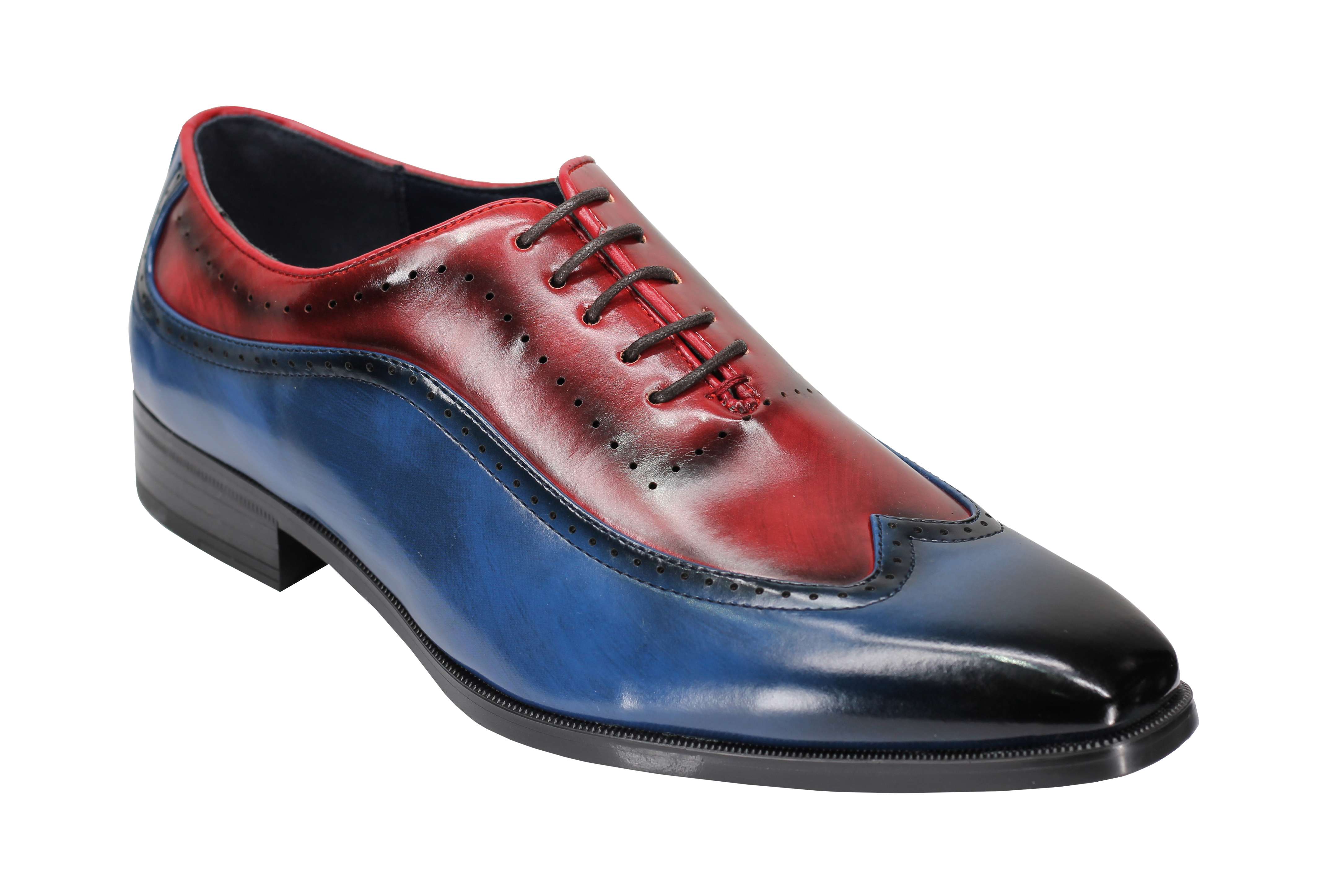 Mens Retro Brogue Shoes 2 Tone Colour Polished Faux Leather Dress Wingtip Oxford