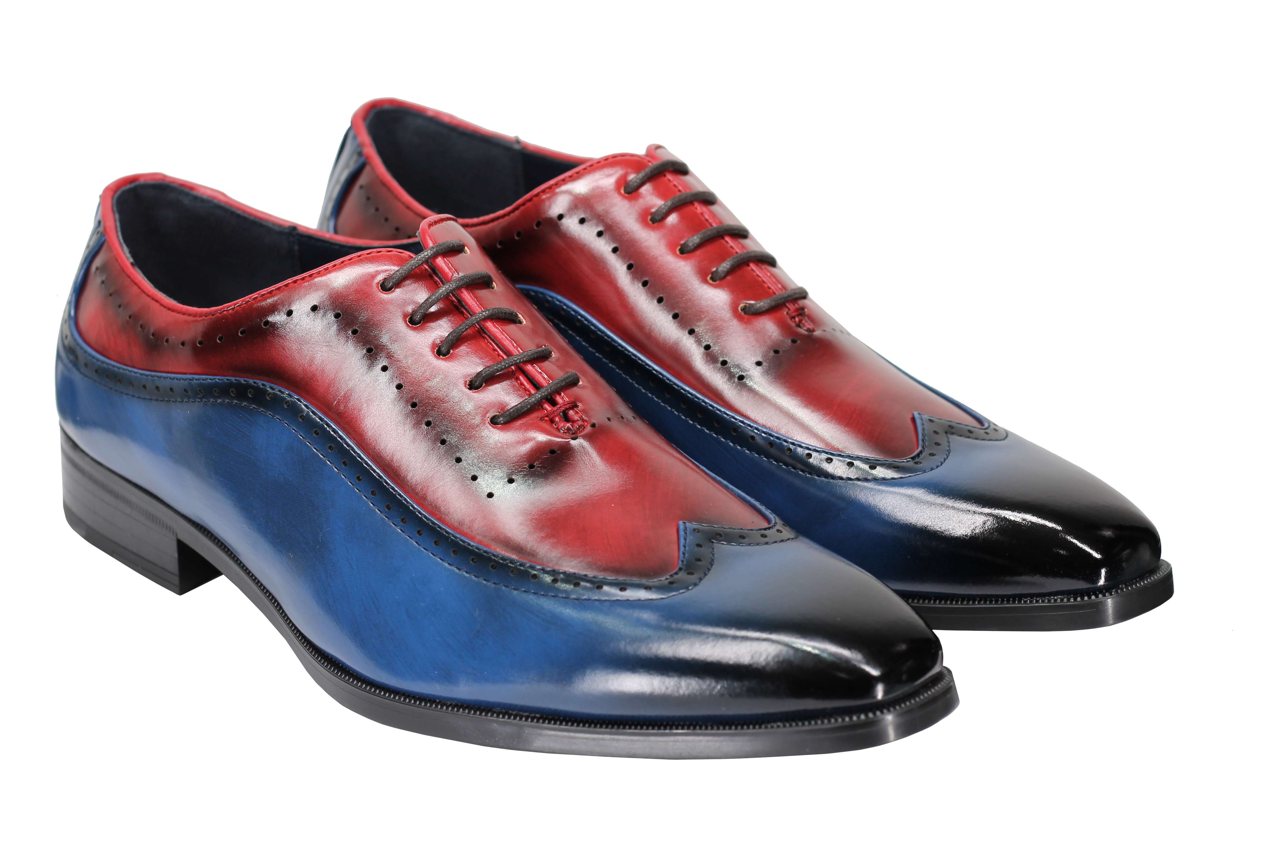 Mens Retro Brogue Shoes 2 Tone Colour Polished Faux Leather Dress Wingtip Oxford