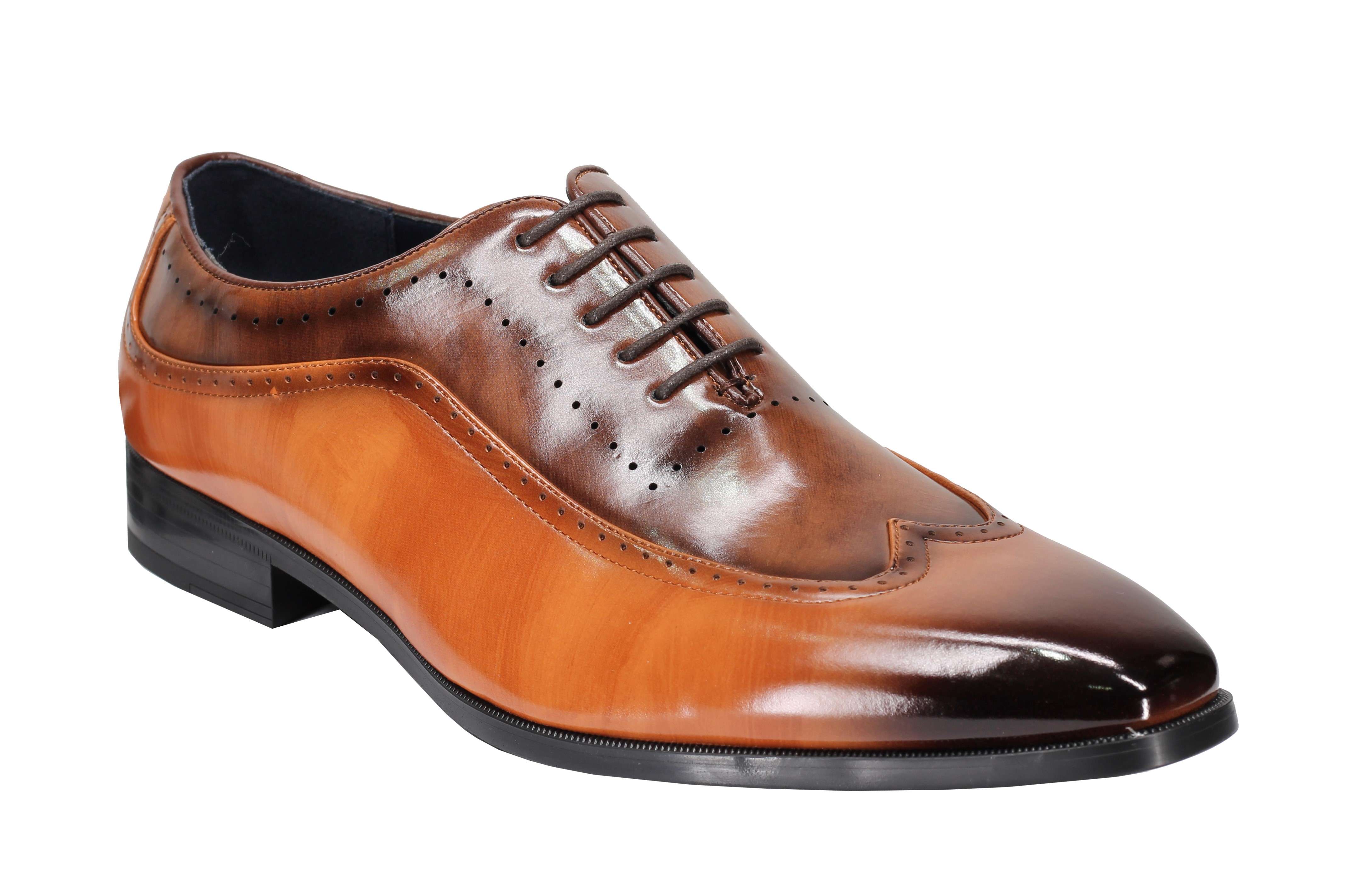 Mens Retro Brogue Shoes 2 Tone Colour Polished Faux Leather Dress Wingtip Oxford