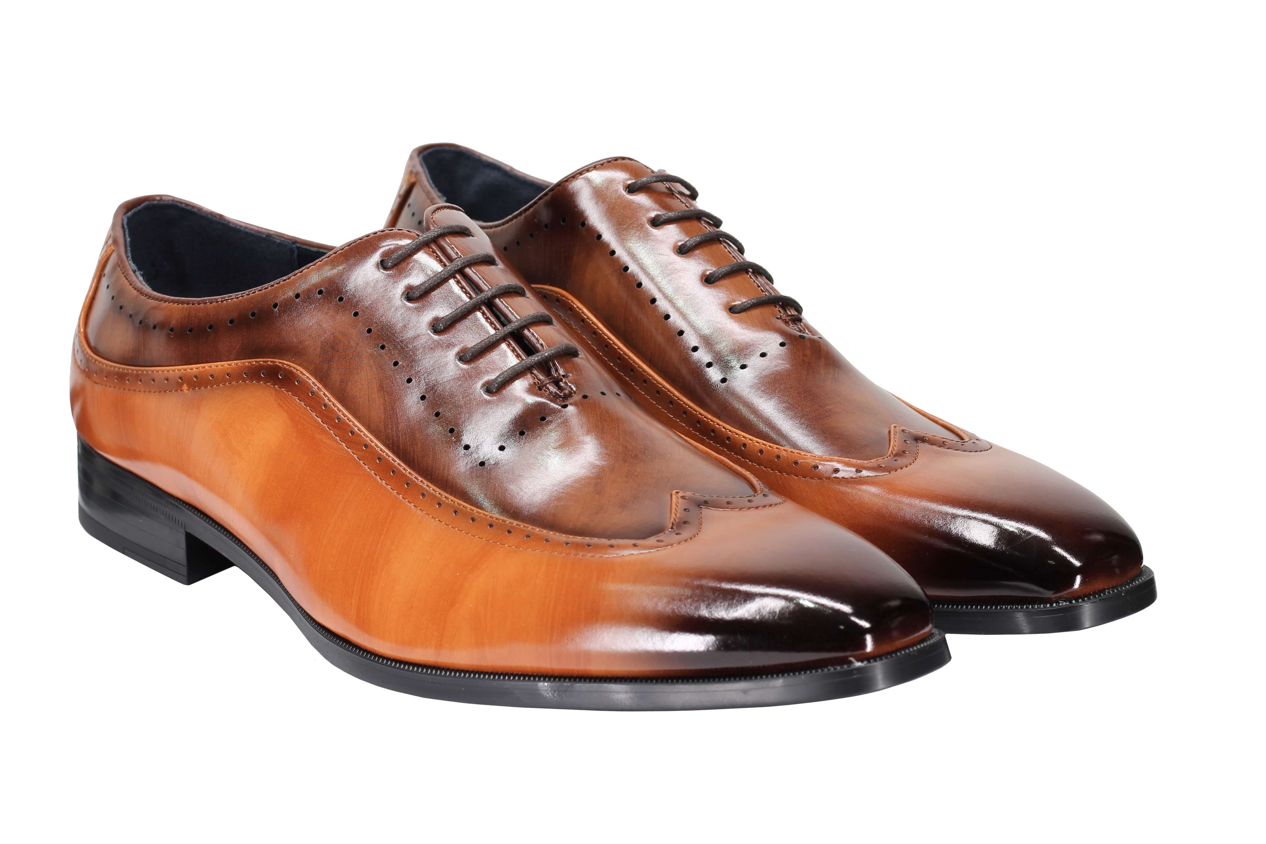 Mens Retro Brogue Shoes 2 Tone Colour Polished Faux Leather Dress Wingtip Oxford