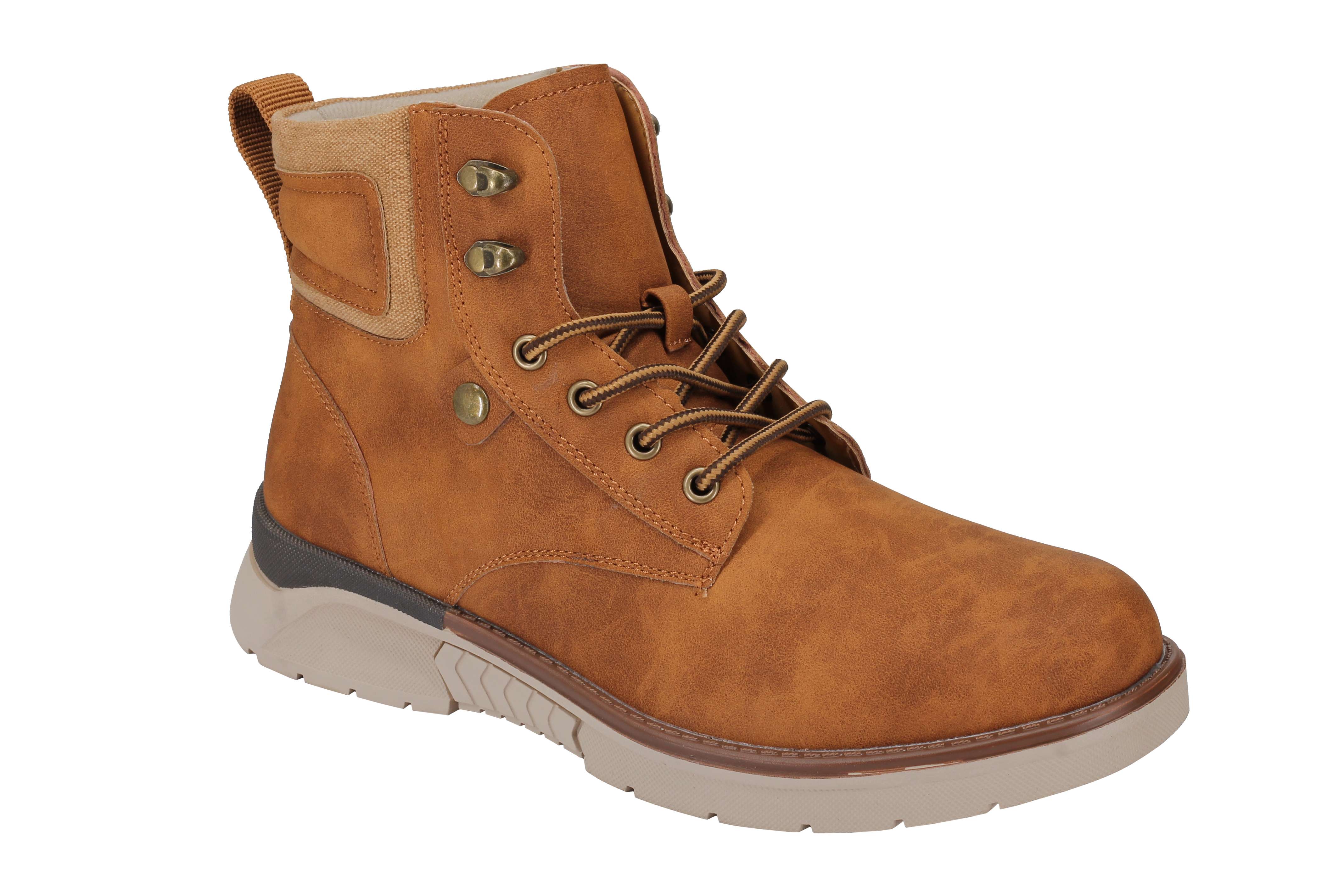 Mens Faux Nubuck Leather Boots Retro Ankle Mid Top Lace Ups in Wheat Tan & Black