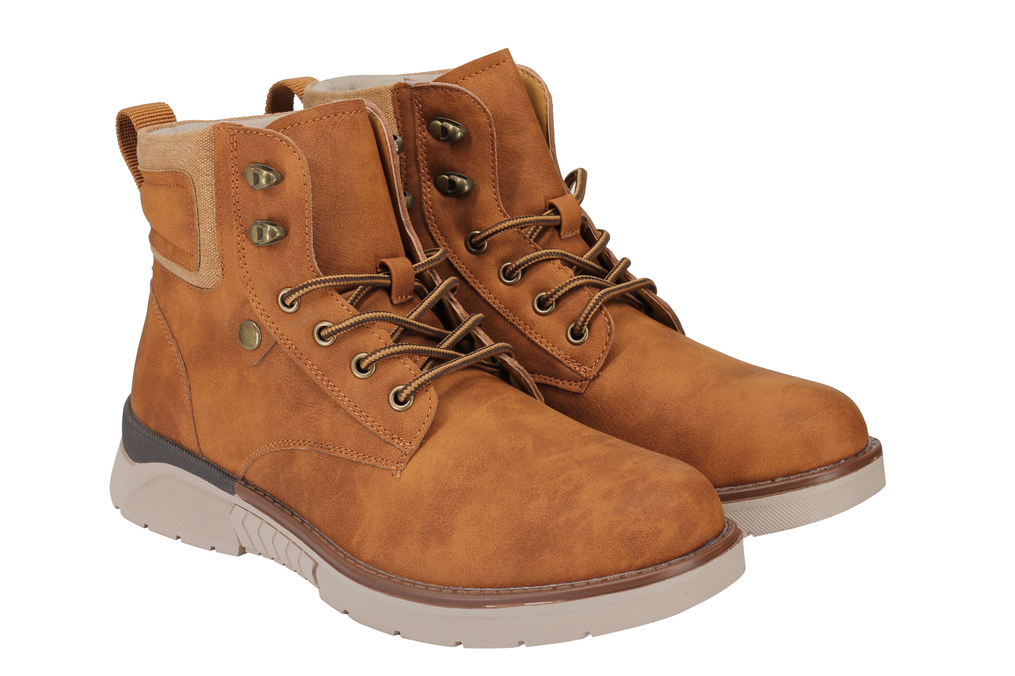 Mens Faux Nubuck Leather Boots Retro Ankle Mid Top Lace Ups in Wheat Tan & Black