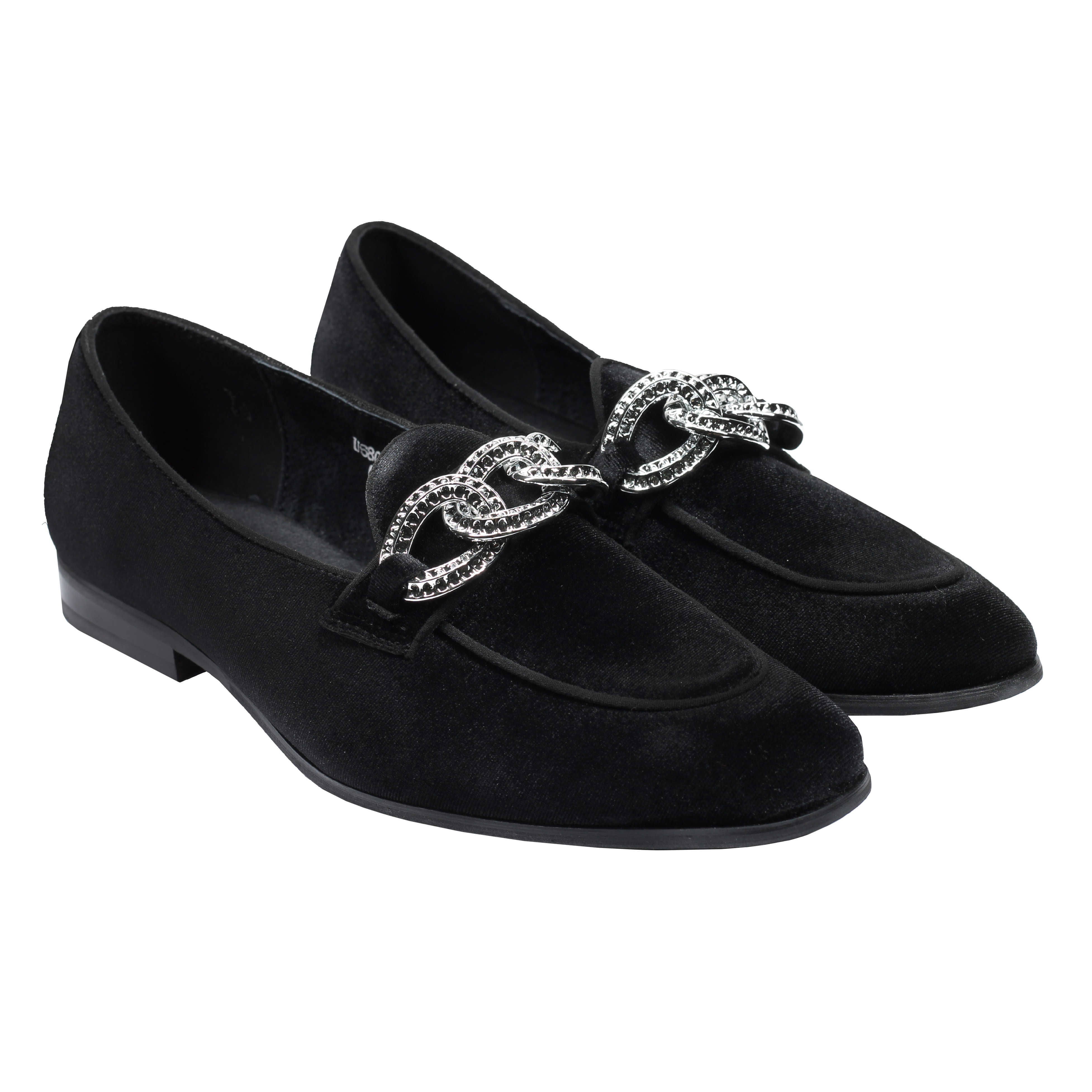 Men’s Black Velvet Loafers with Diamond Chain Buckle Wedding Party Dress Shoes