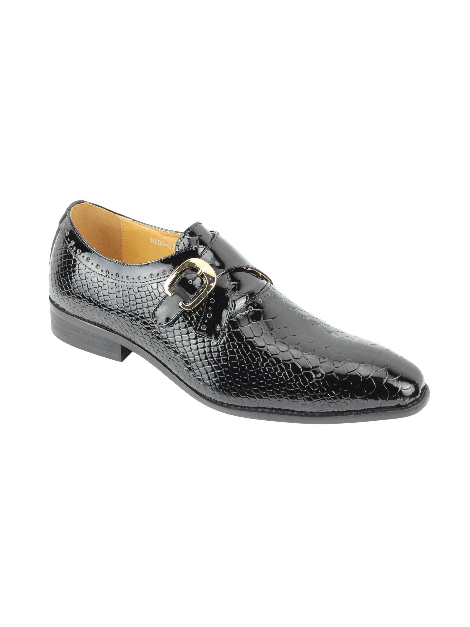 Black Printed Leather Shoes With Monk