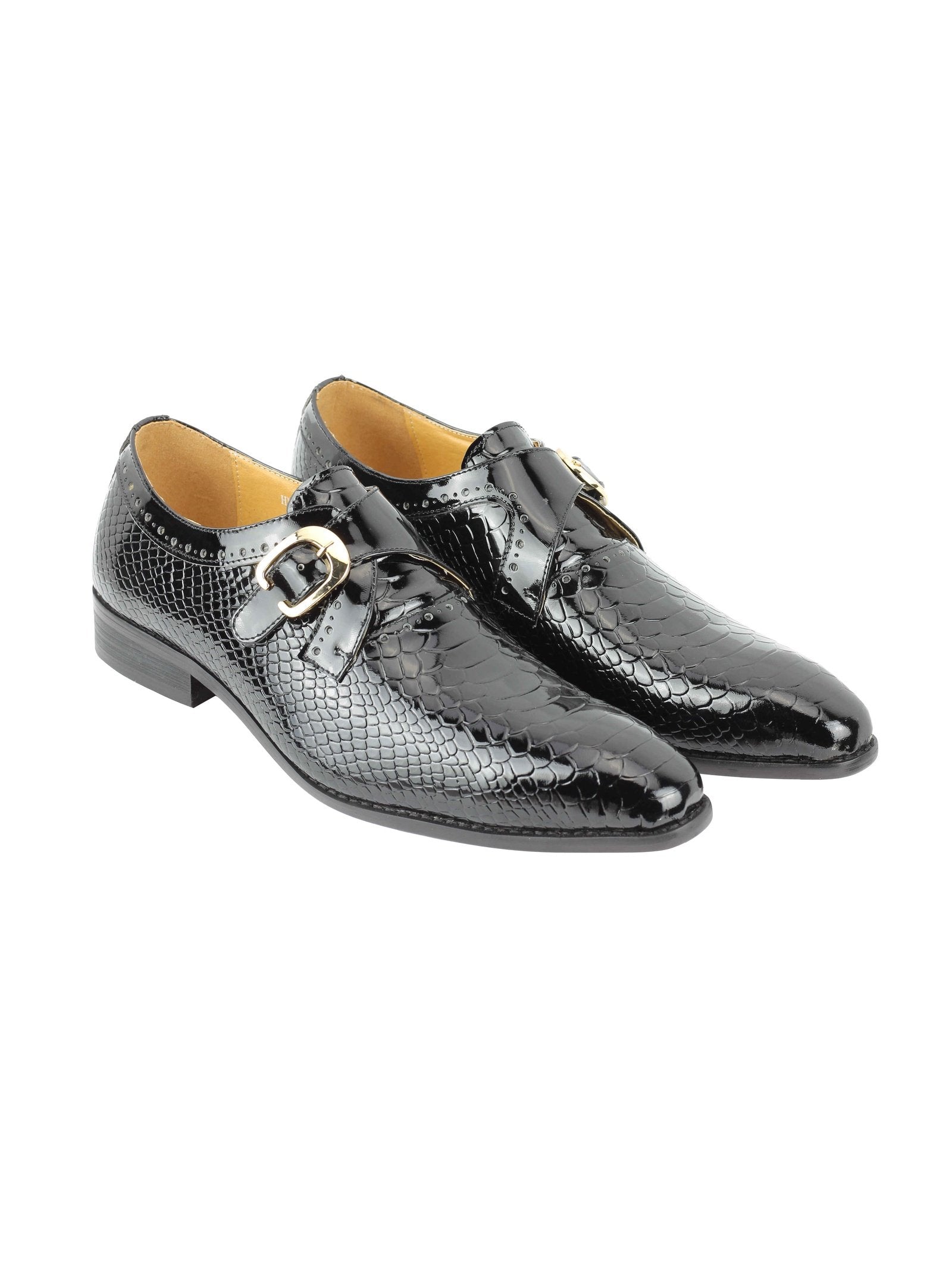 Black Printed Leather Shoes With Monk