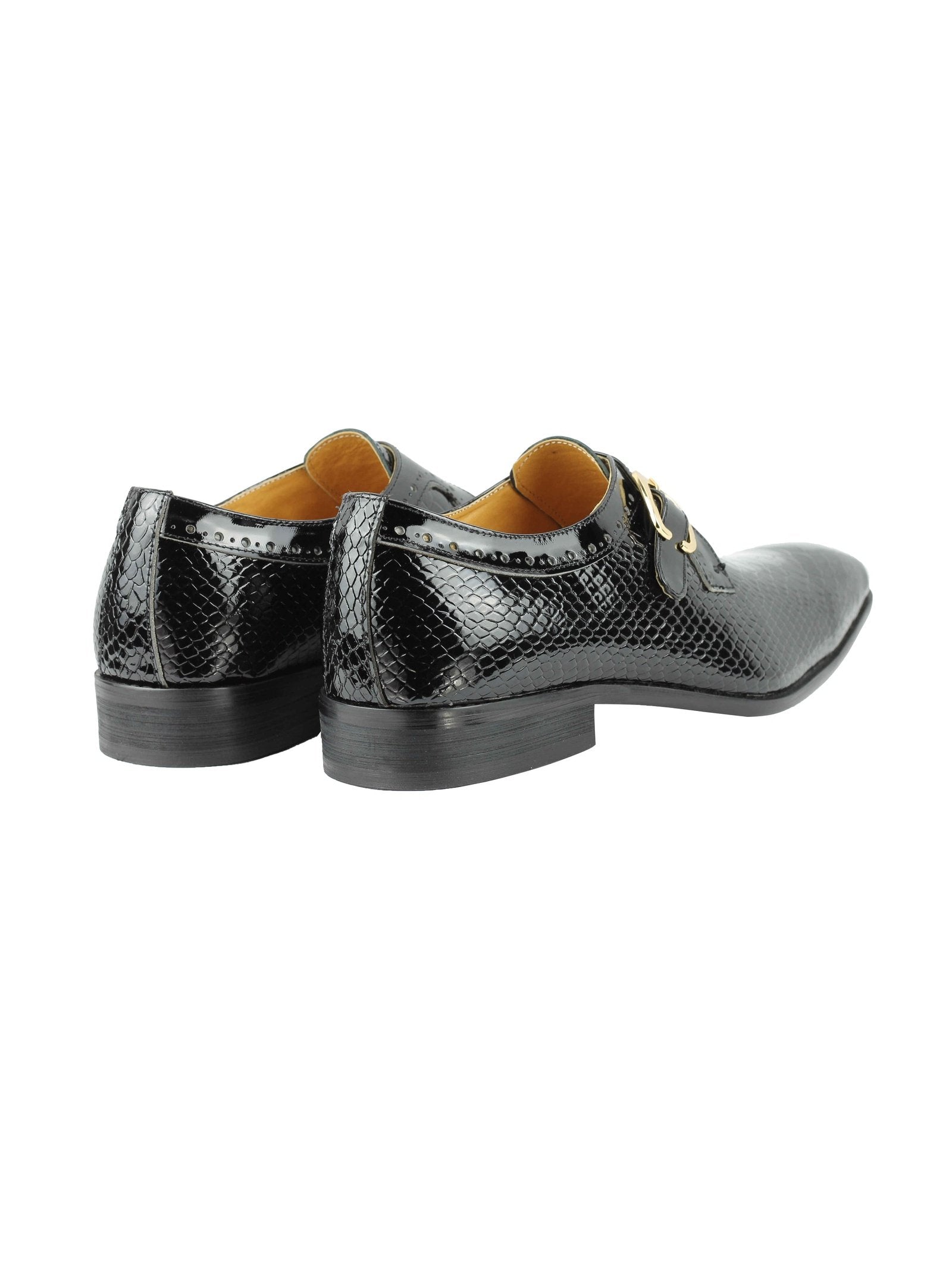 Black Printed Leather Shoes With Monk