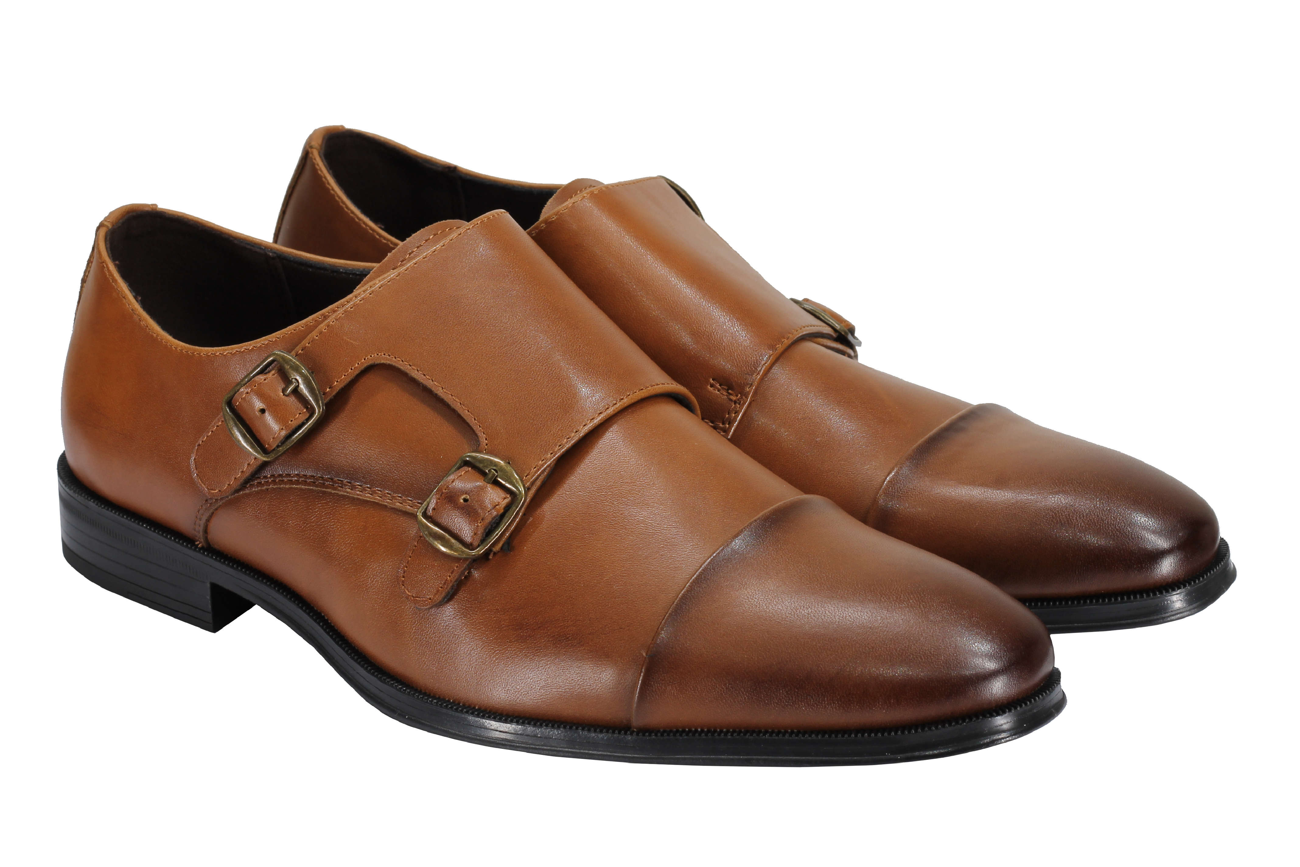 Men's Double Monk Shoes Toe Cap Side Strap Twin Buckle Faux Leather Loafers