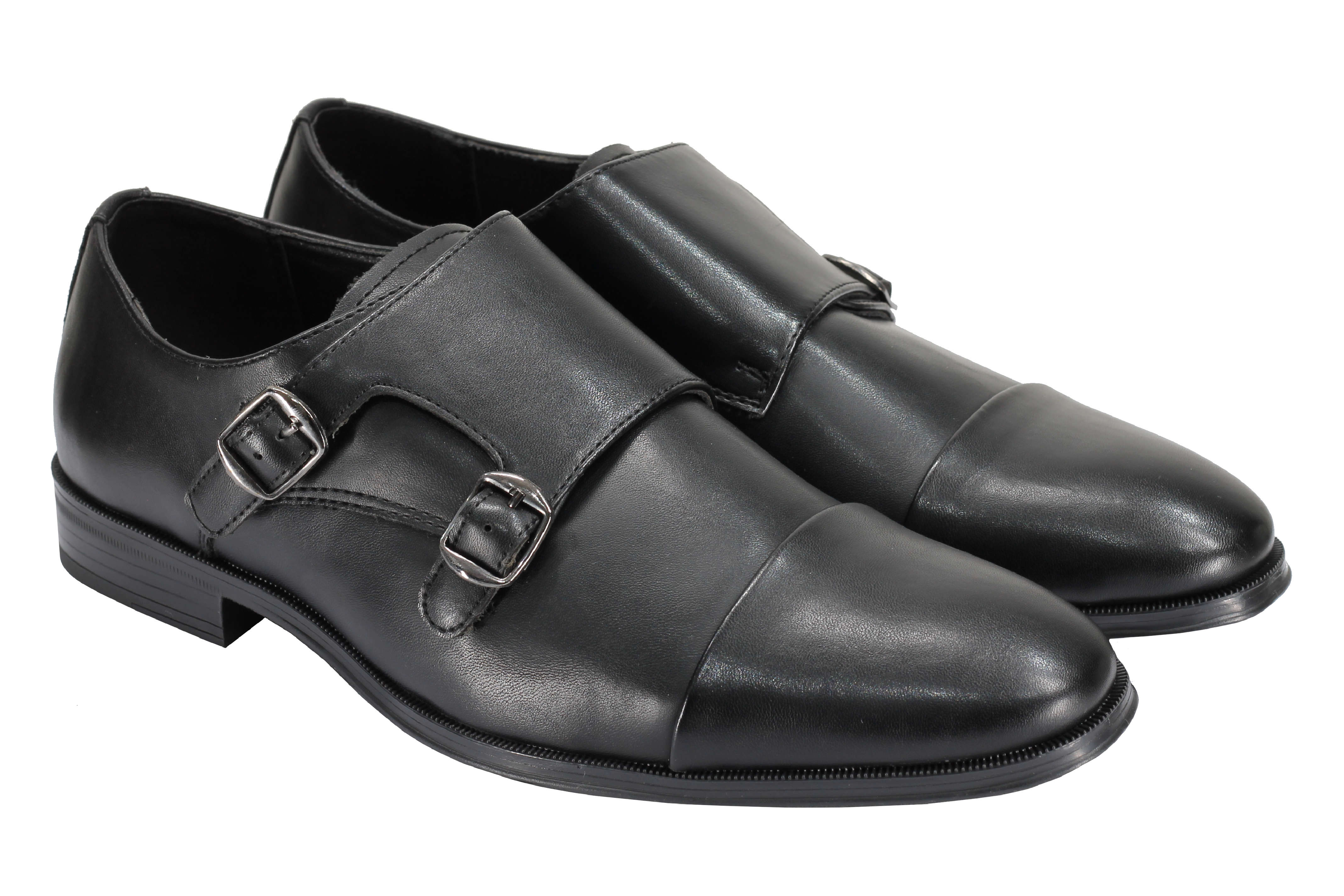 Men's Double Monk Shoes Toe Cap Side Strap Twin Buckle Faux Leather Loafers