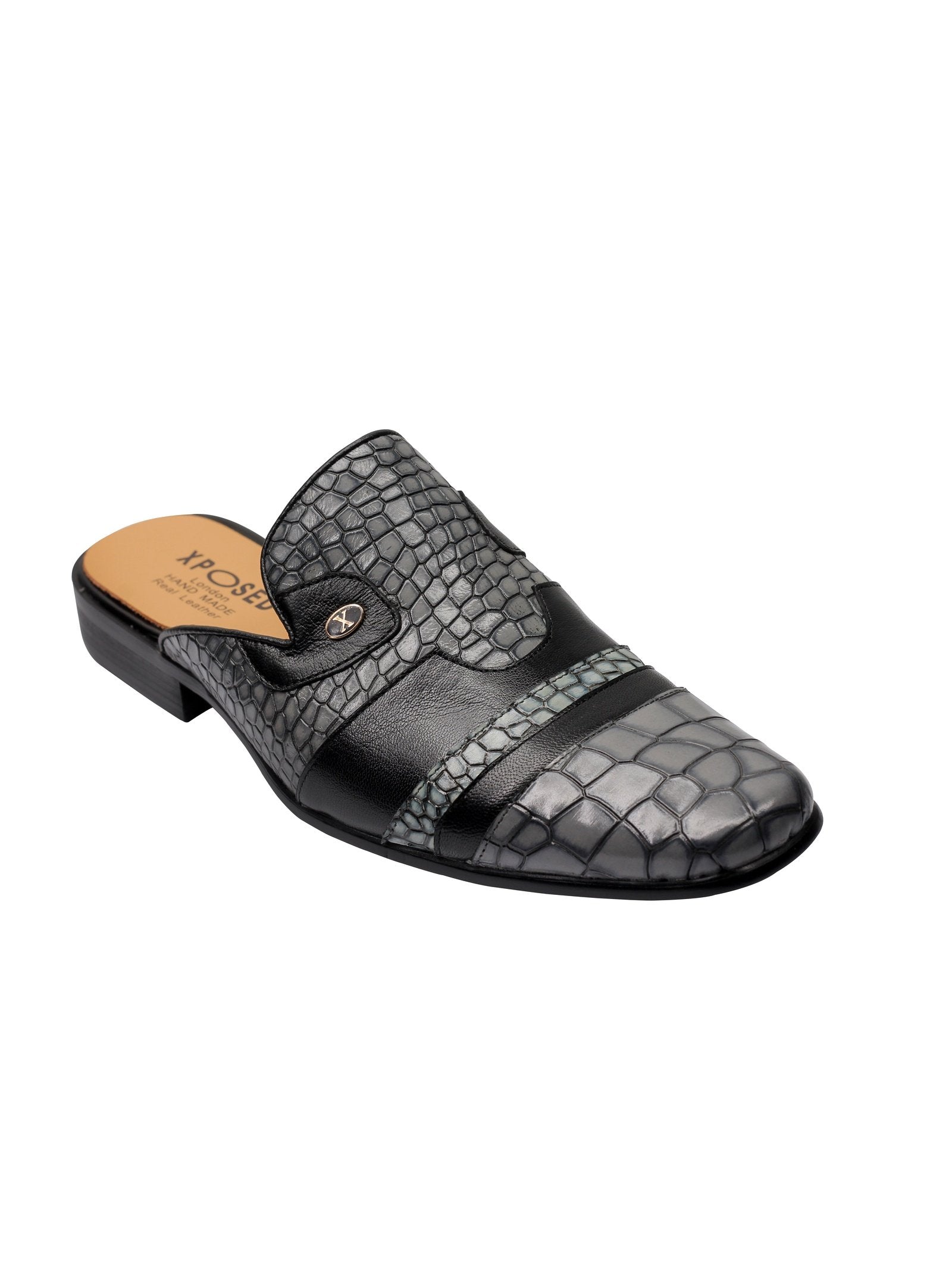 REAL LEATHER PRINTED HALF SHOE IN GREY