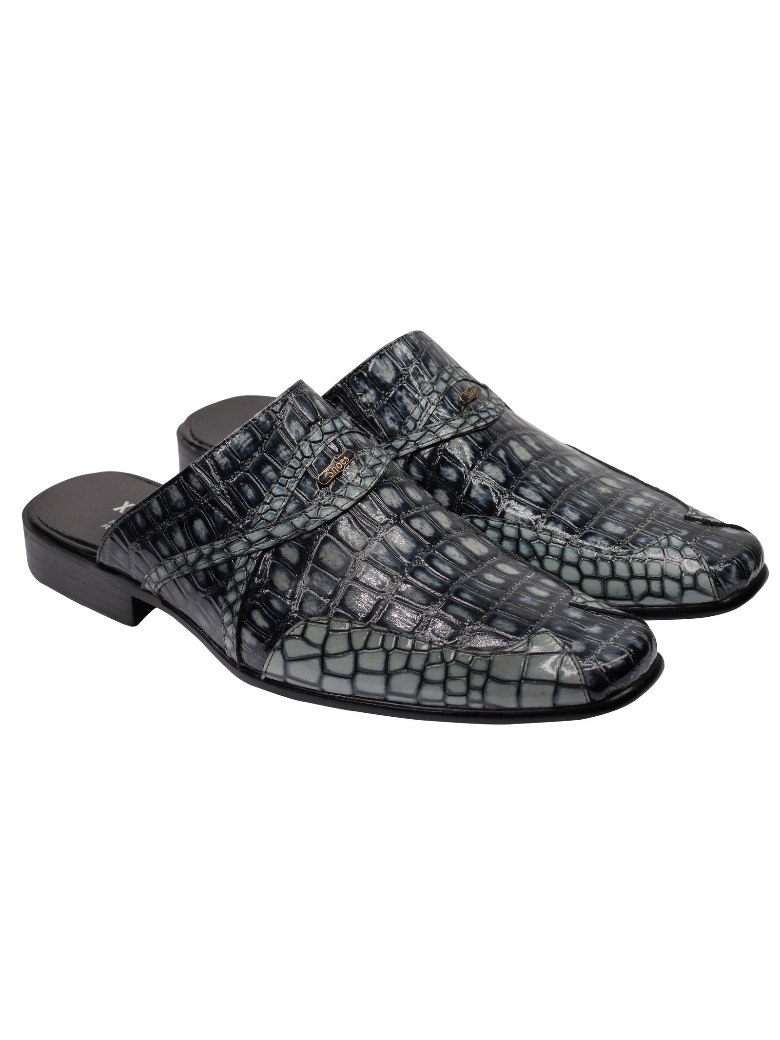 REAL LEATHER BLACK GREY SHINY PRINTED HALF SHOES