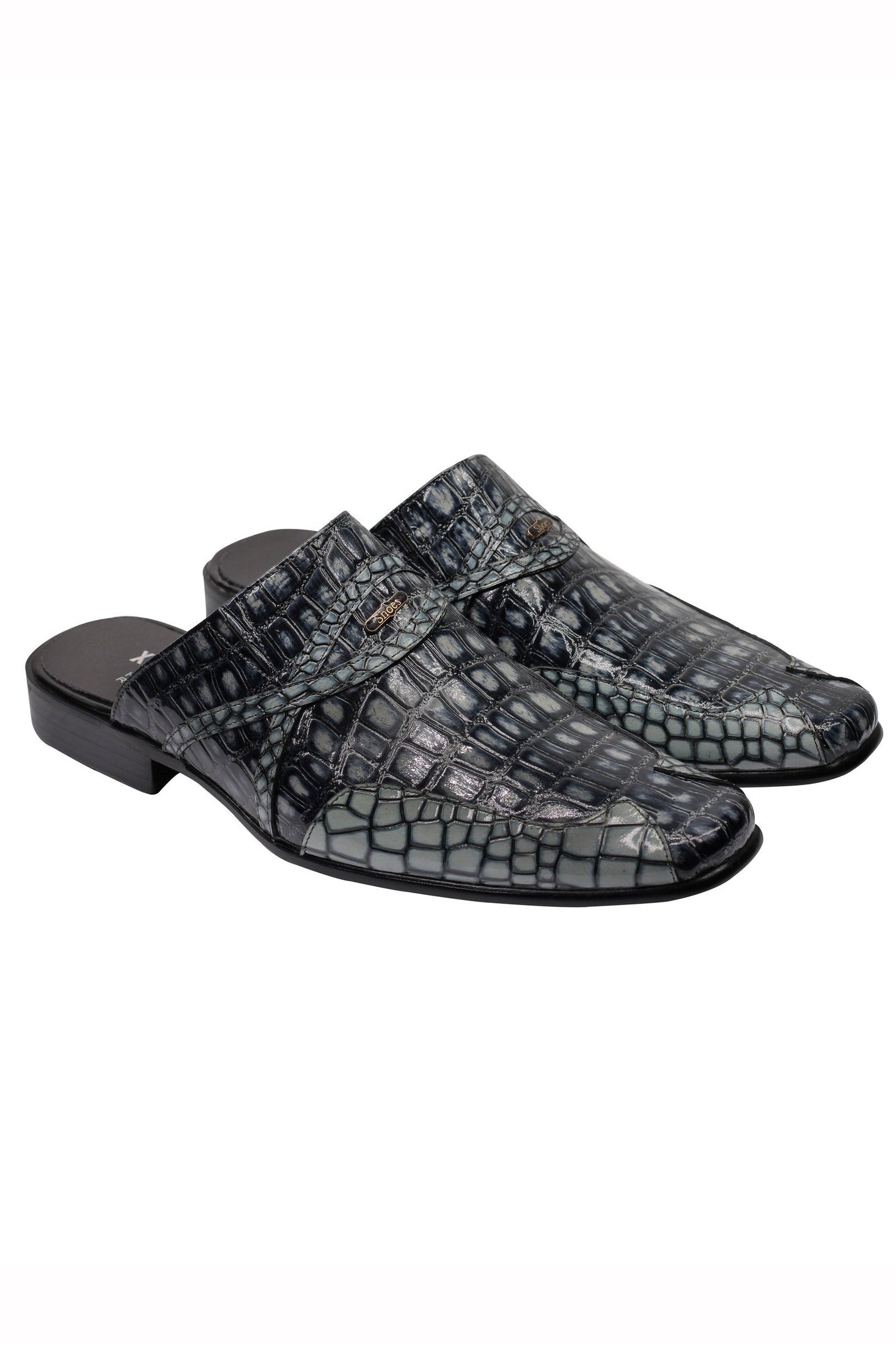 REAL LEATHER BLACK GREY SHINY PRINTED HALF SHOES