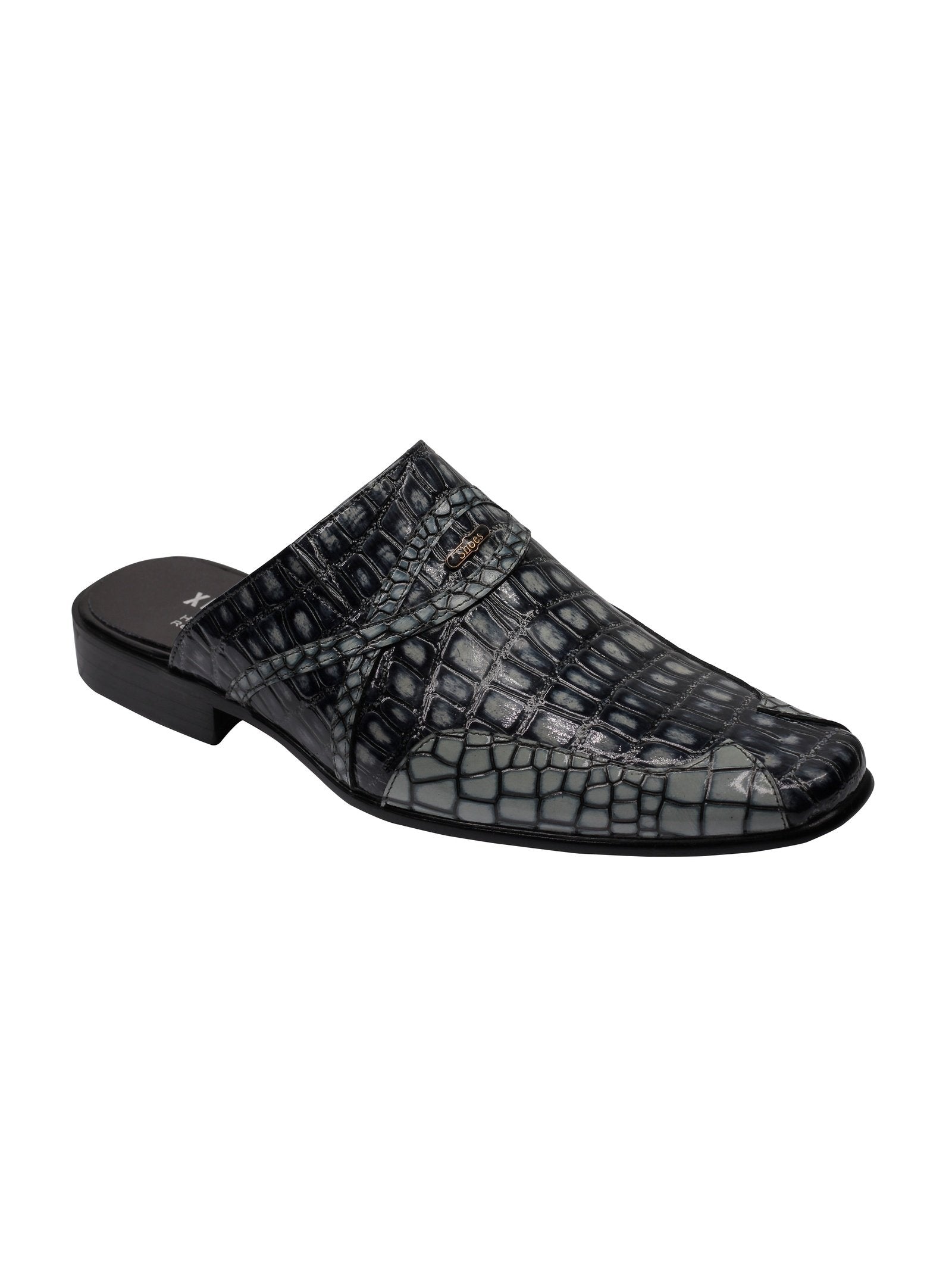 REAL LEATHER BLACK GREY SHINY PRINTED HALF SHOES