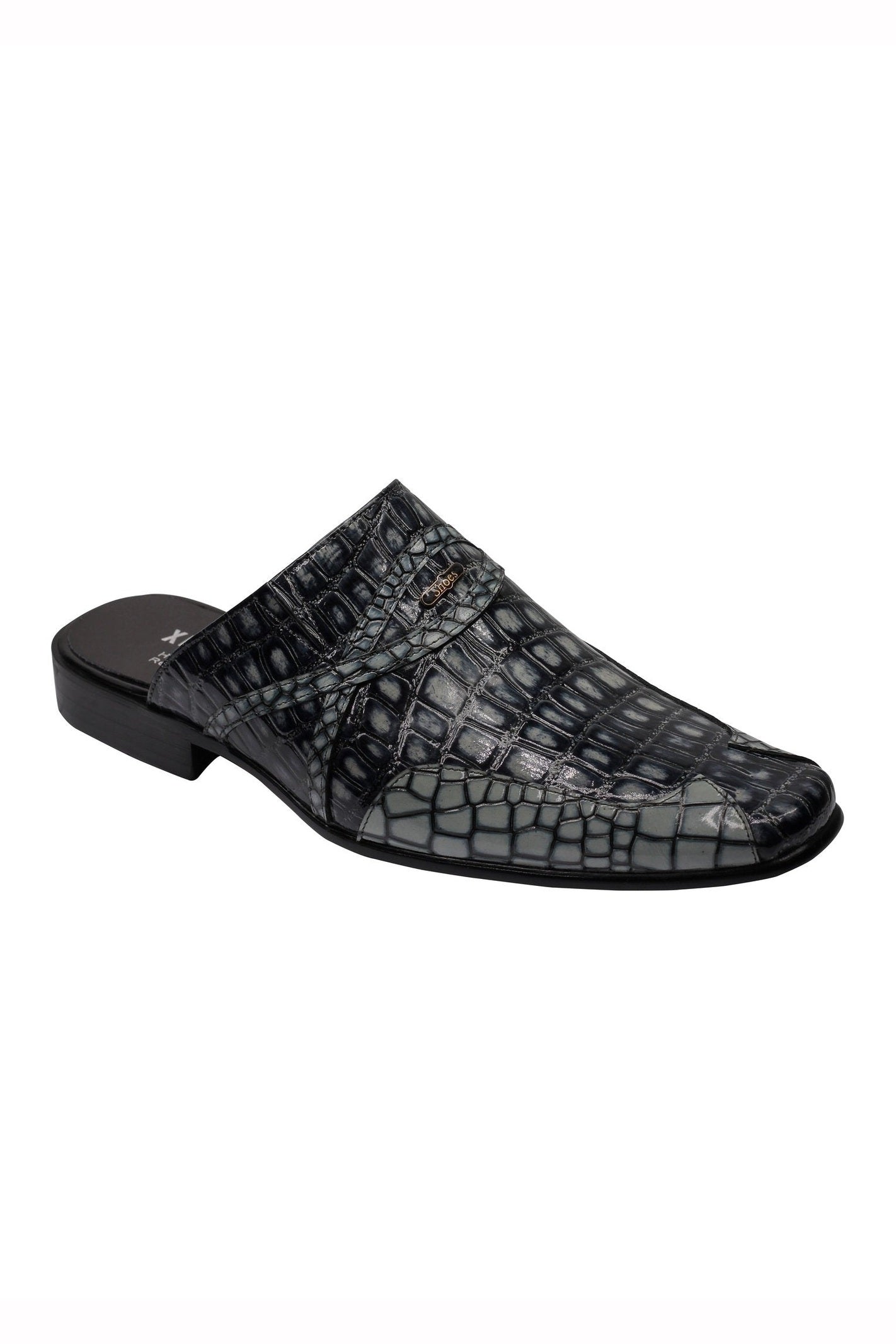 REAL LEATHER BLACK GREY SHINY PRINTED HALF SHOES
