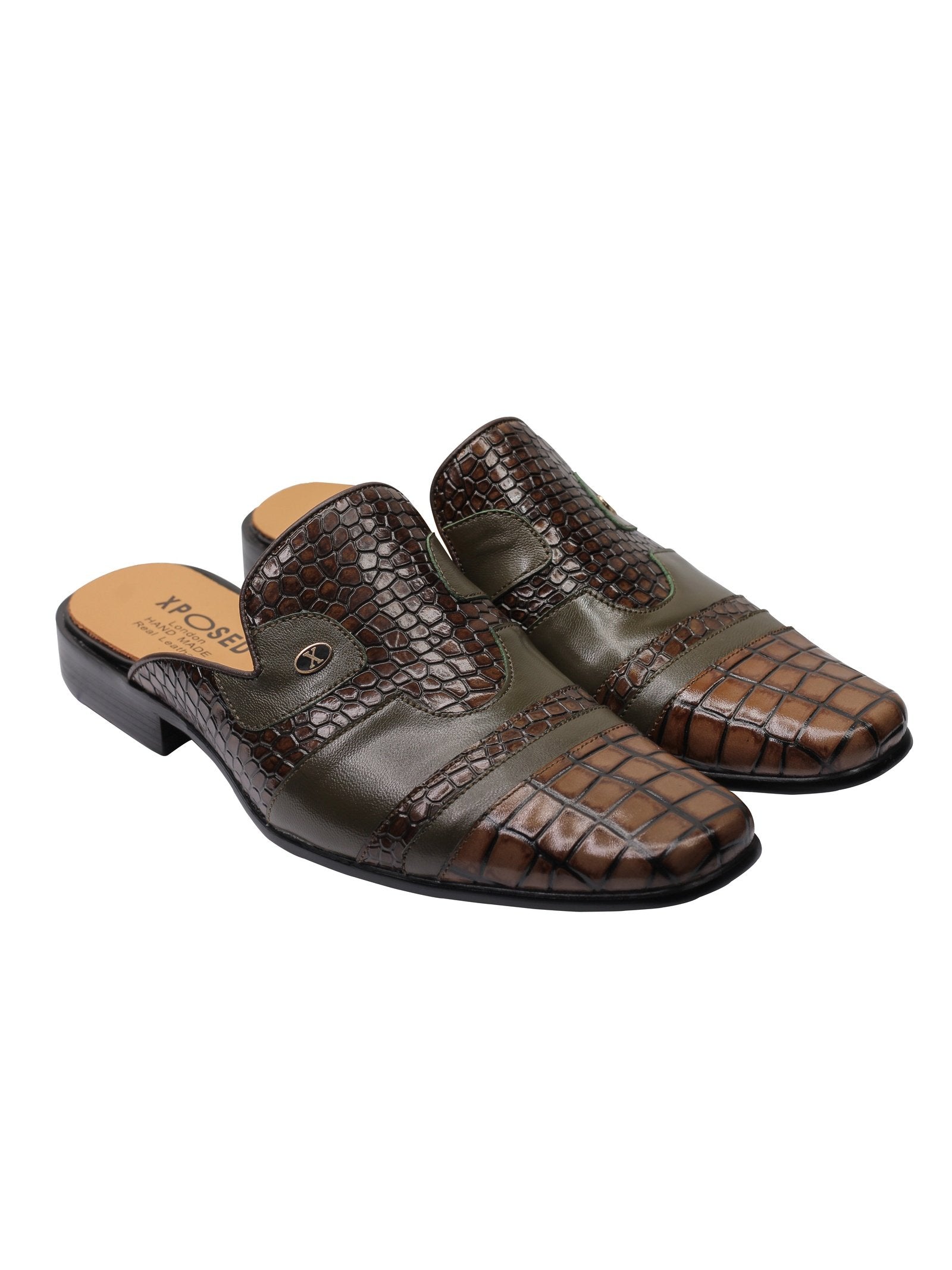 REAL LEATHER BROWN PRINTED HALF SHOE IN GREEN