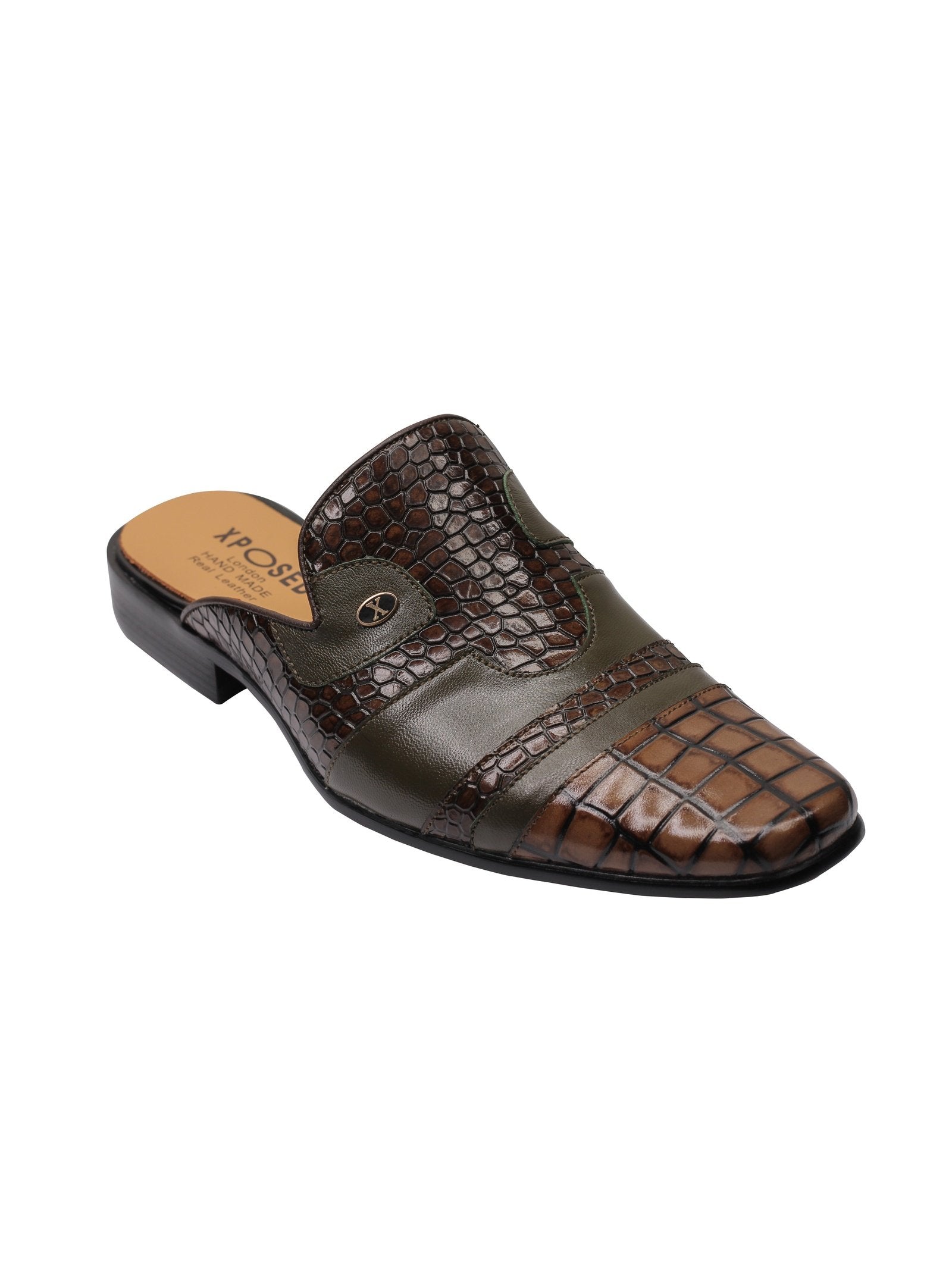 REAL LEATHER BROWN PRINTED HALF SHOE IN GREEN