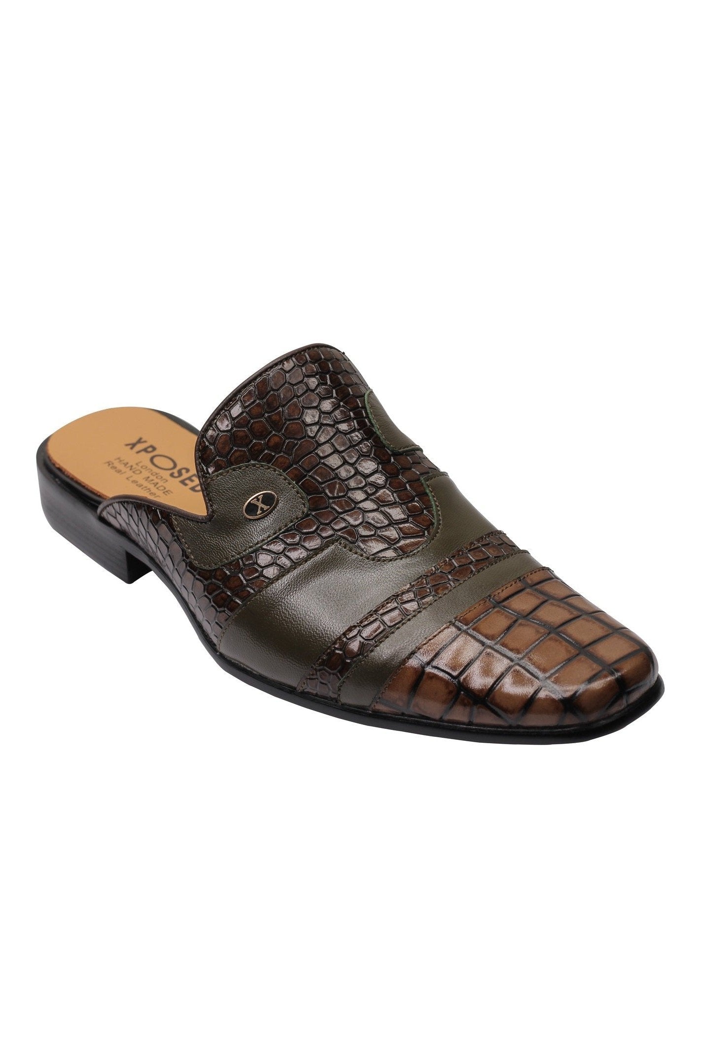 REAL LEATHER BROWN PRINTED HALF SHOE IN GREEN