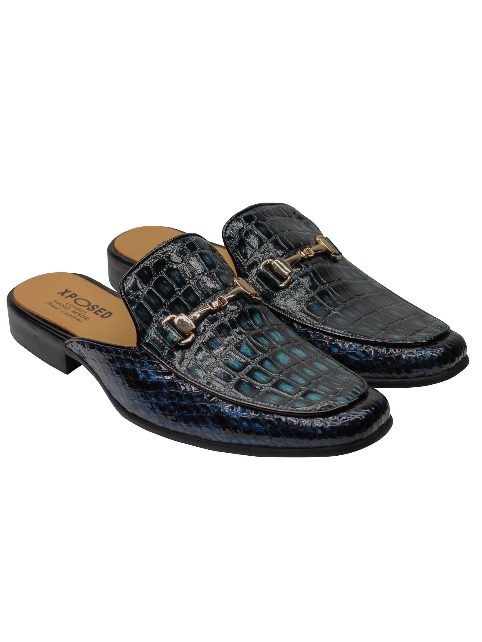 REAL LEATHER SHINY PRINTED HALF SHOES IN BLUE