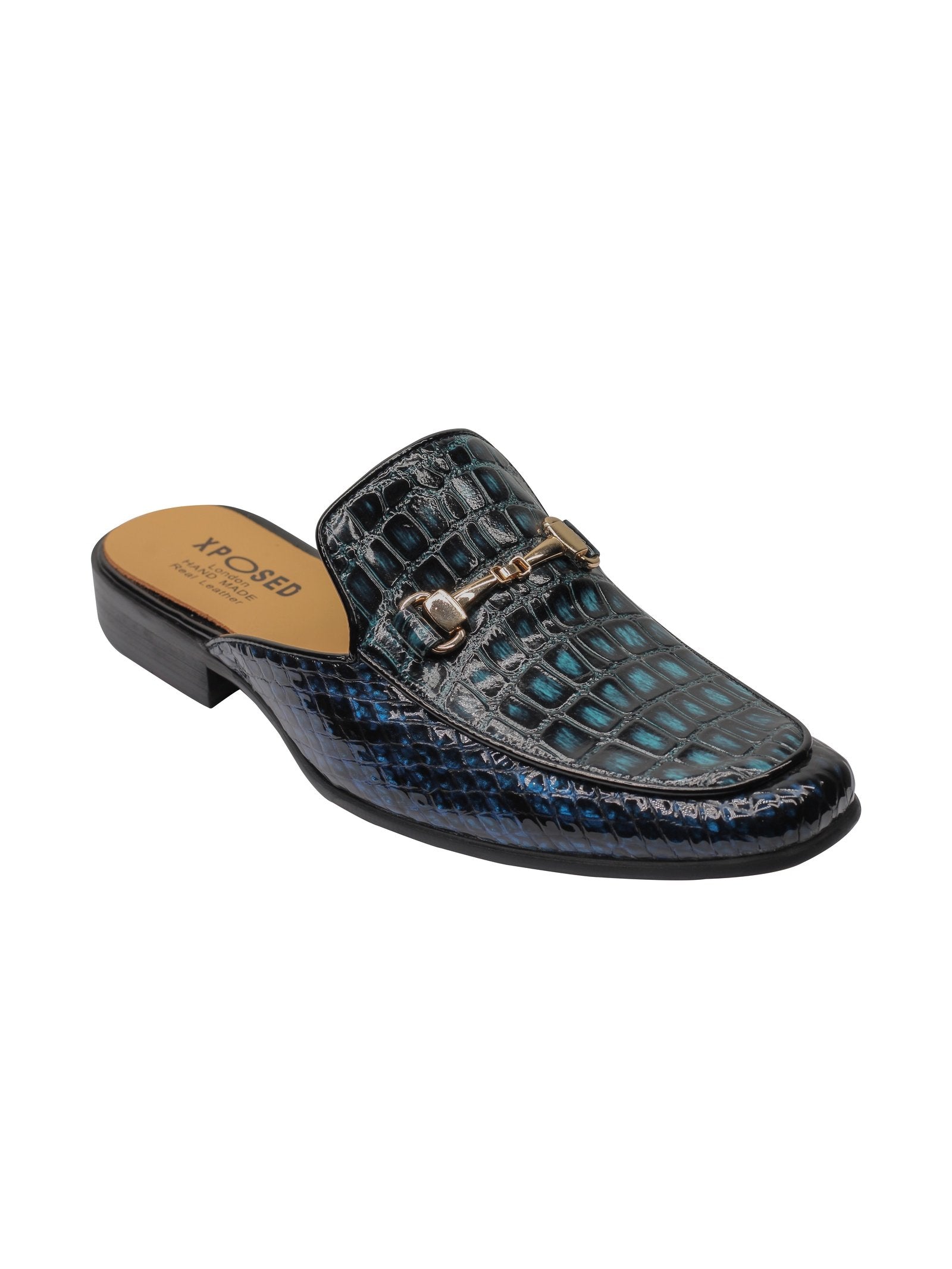 REAL LEATHER SHINY PRINTED HALF SHOES IN BLUE