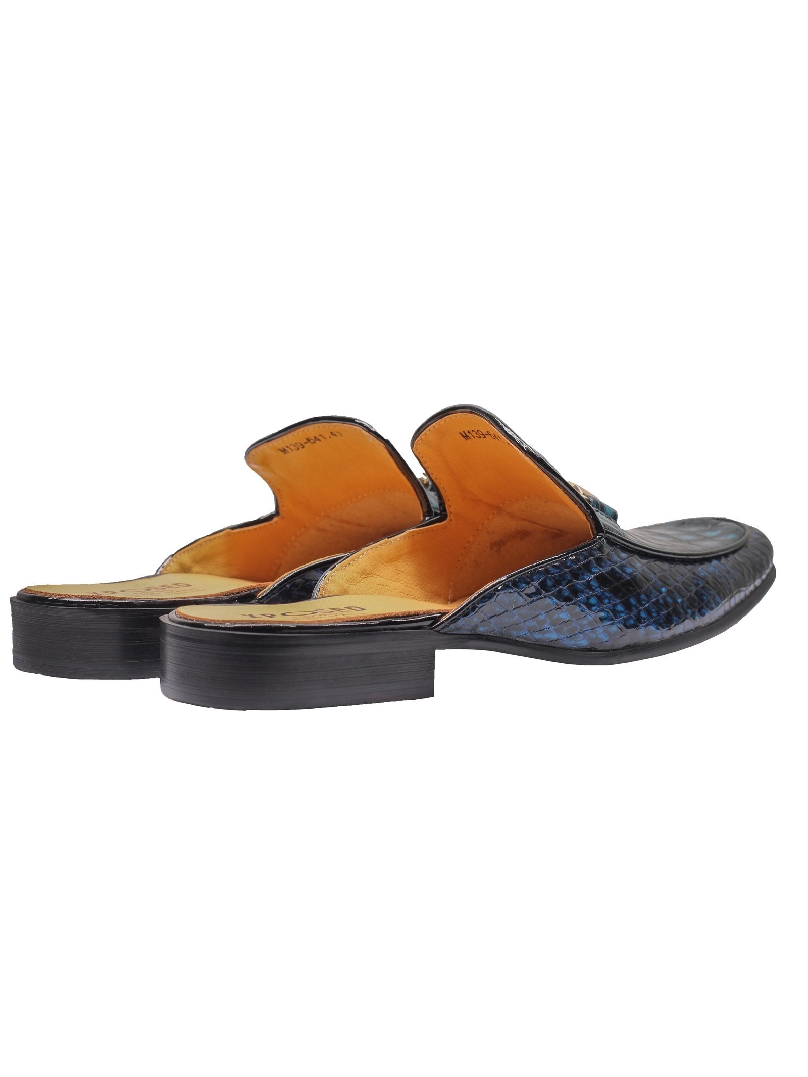 REAL LEATHER SHINY PRINTED HALF SHOES IN BLUE