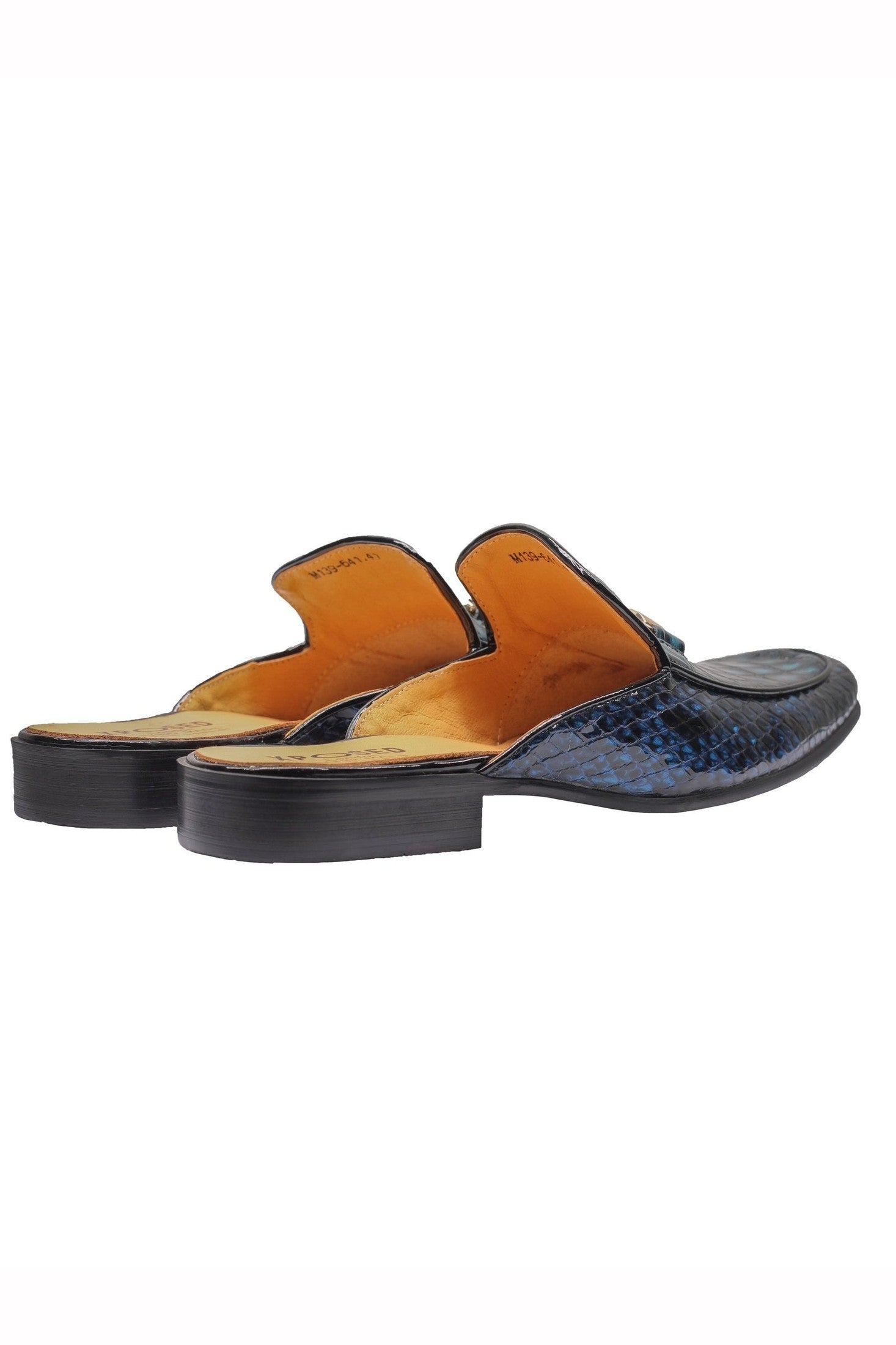 REAL LEATHER SHINY PRINTED HALF SHOES IN BLUE