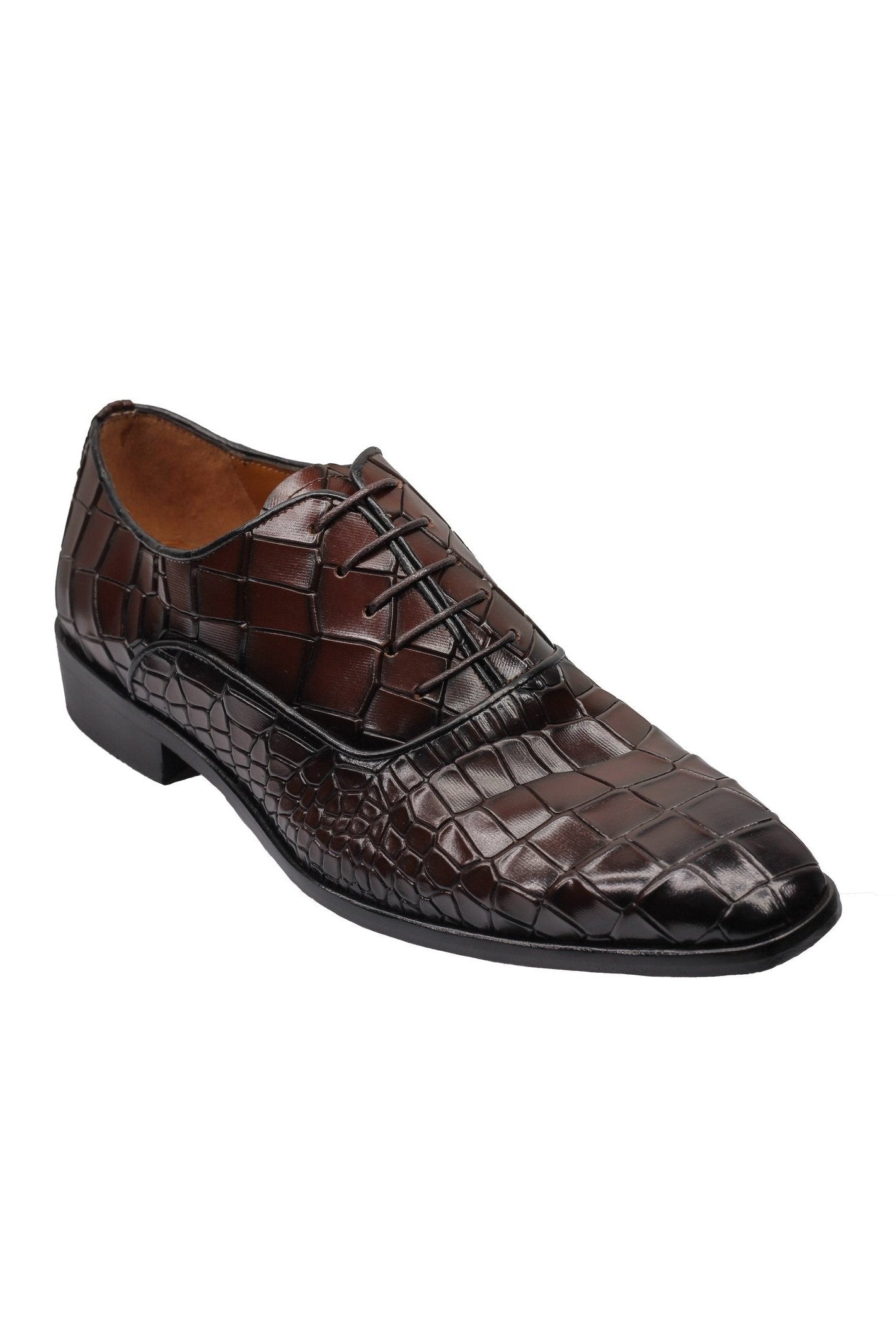 BROWN – CROCO PRINTED LEATHER OXFORDS