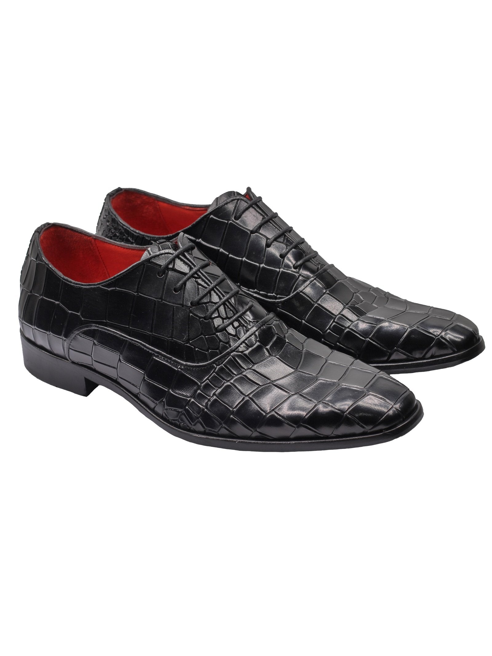 BLACK – CROCO PRINTED LEATHER OXFORDS
