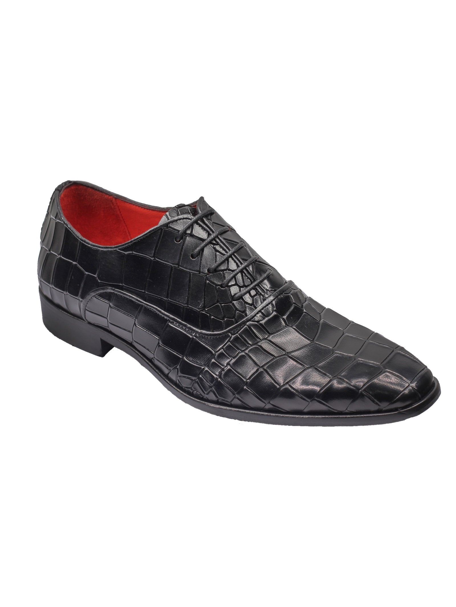 BLACK – CROCO PRINTED LEATHER OXFORDS