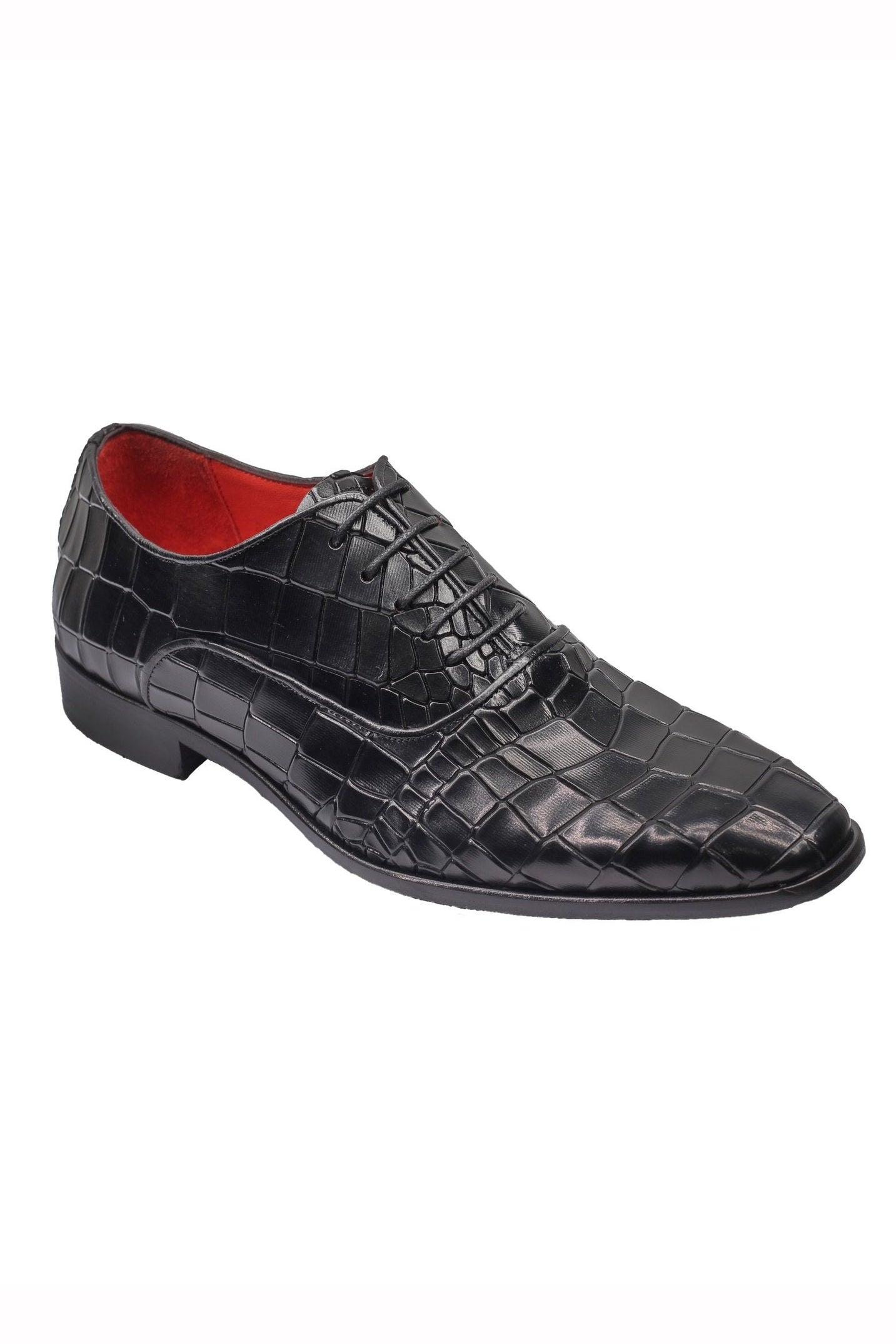 BLACK – CROCO PRINTED LEATHER OXFORDS