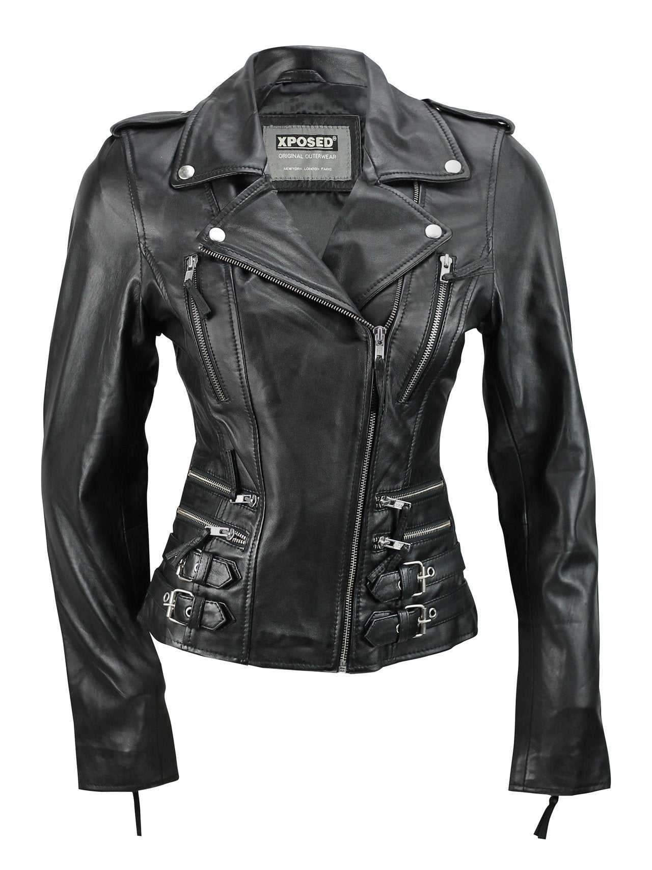 Ladies Womens Black Real Leather Fitted Vintage Biker Style Zip Buckle Jacket