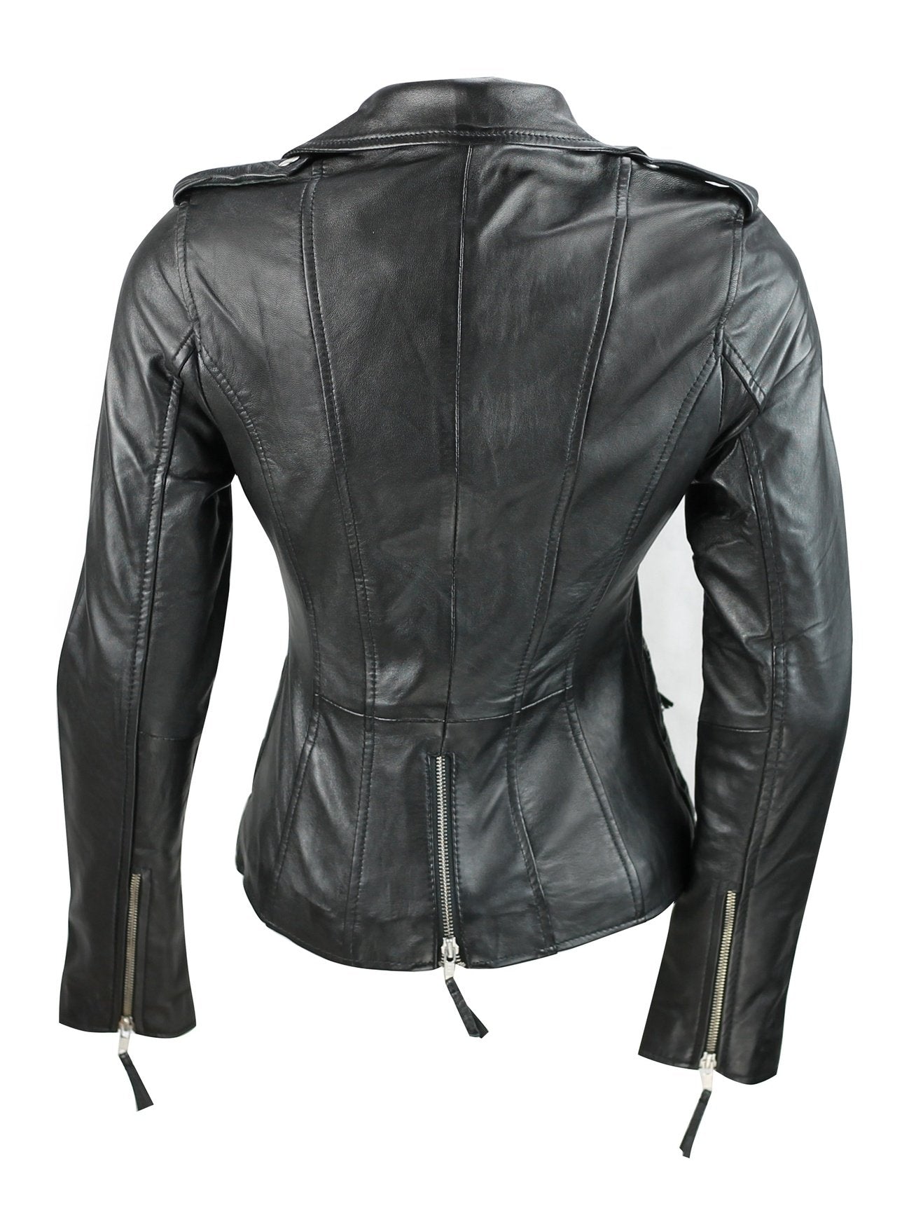 Ladies Womens Black Real Leather Fitted Vintage Biker Style Zip Buckle Jacket
