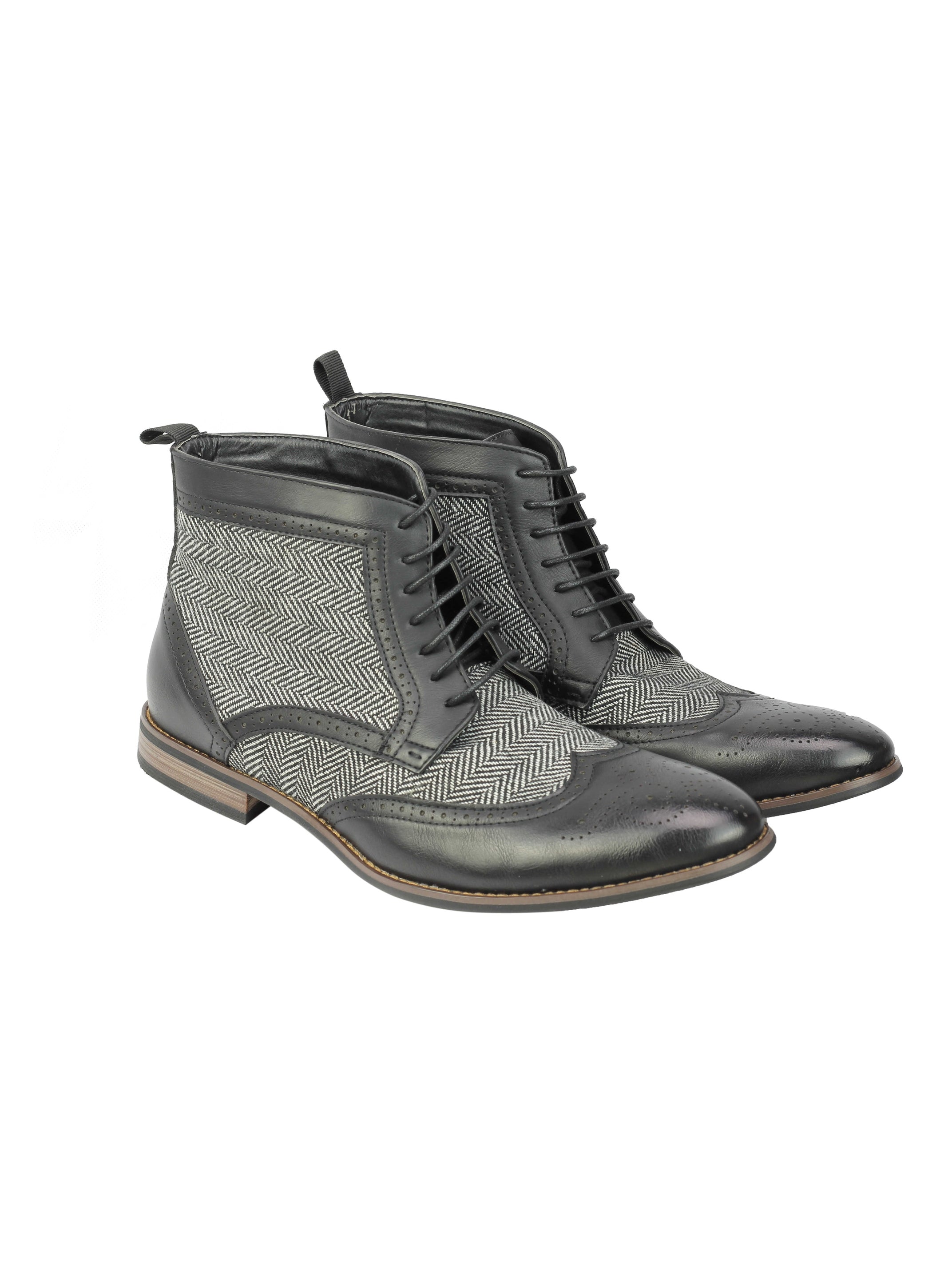 MENS FAUX LEATHER TWEED CLASSIC OXFORD BROGUE BOOTS FORMAL VINTAGE LACE UP SHOES