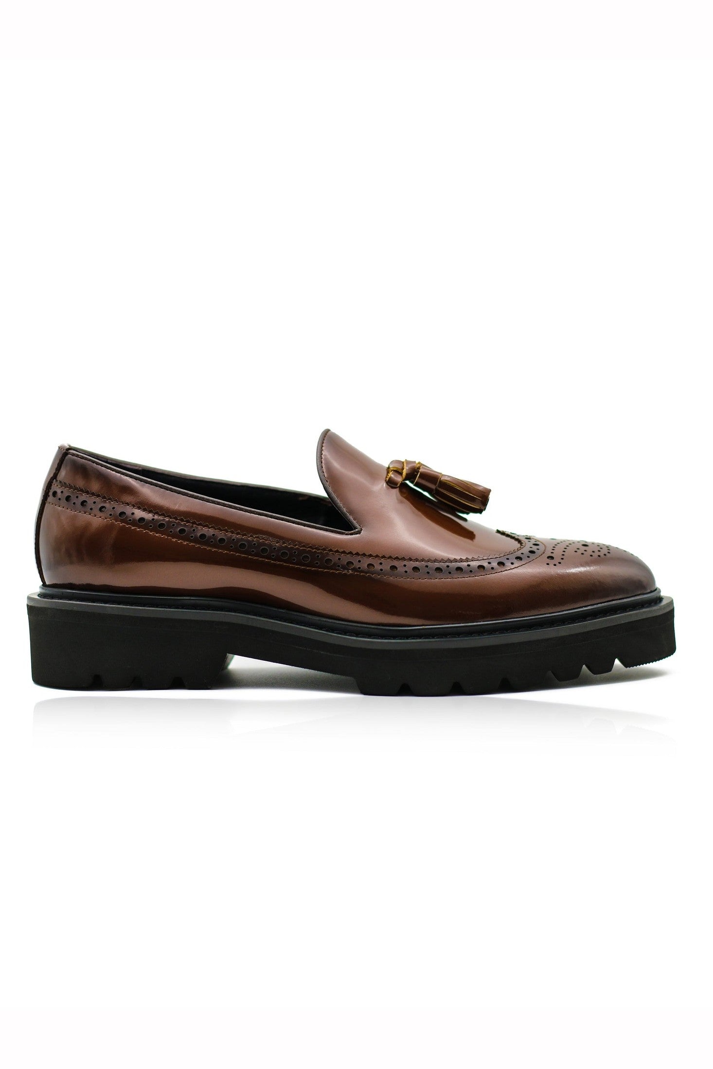 BROWN GLOSS POLISHED LEATHER TASSEL LOAFERS