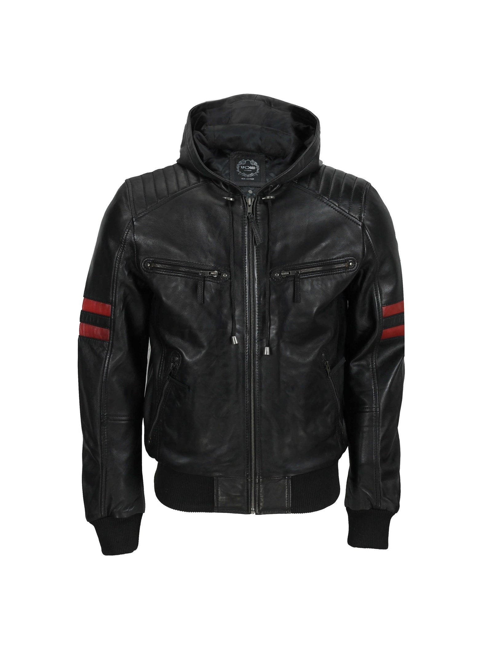 Mens Black Real Leather Bomber Jacket with Hood Vintage Smart Casual Biker Style