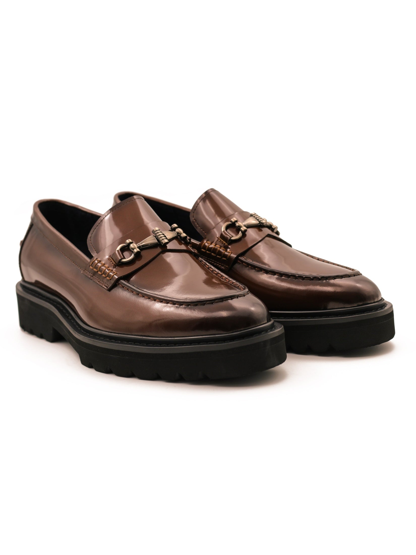 SNAFFLE BIT LUG SOLE BROWN POLISHED LEATHER LOAFERS