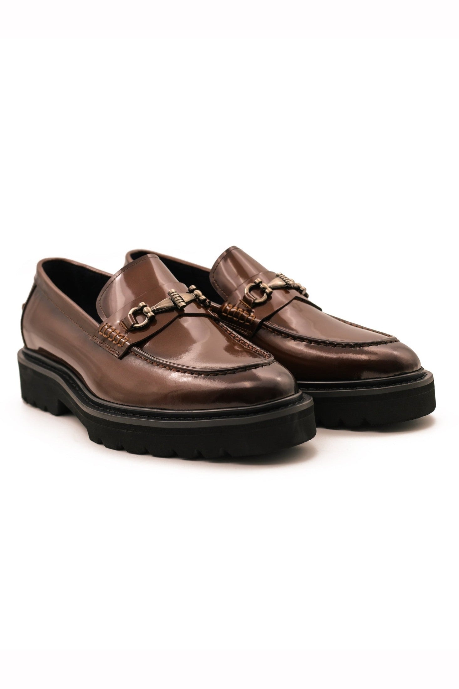 SNAFFLE BIT LUG SOLE BROWN POLISHED LEATHER LOAFERS