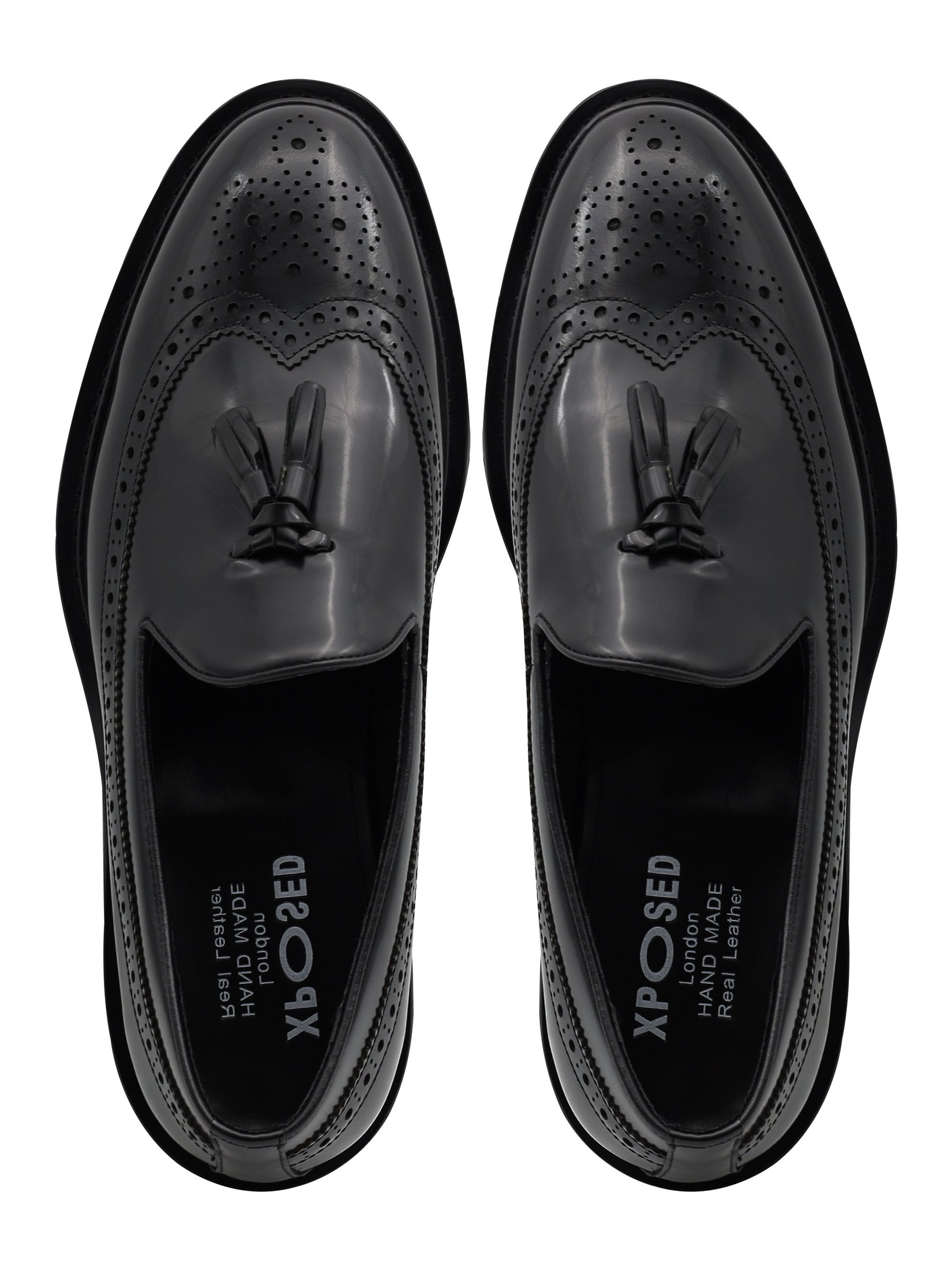 BLACK GLOSS POLISHED LEATHER TASSEL LOAFERS