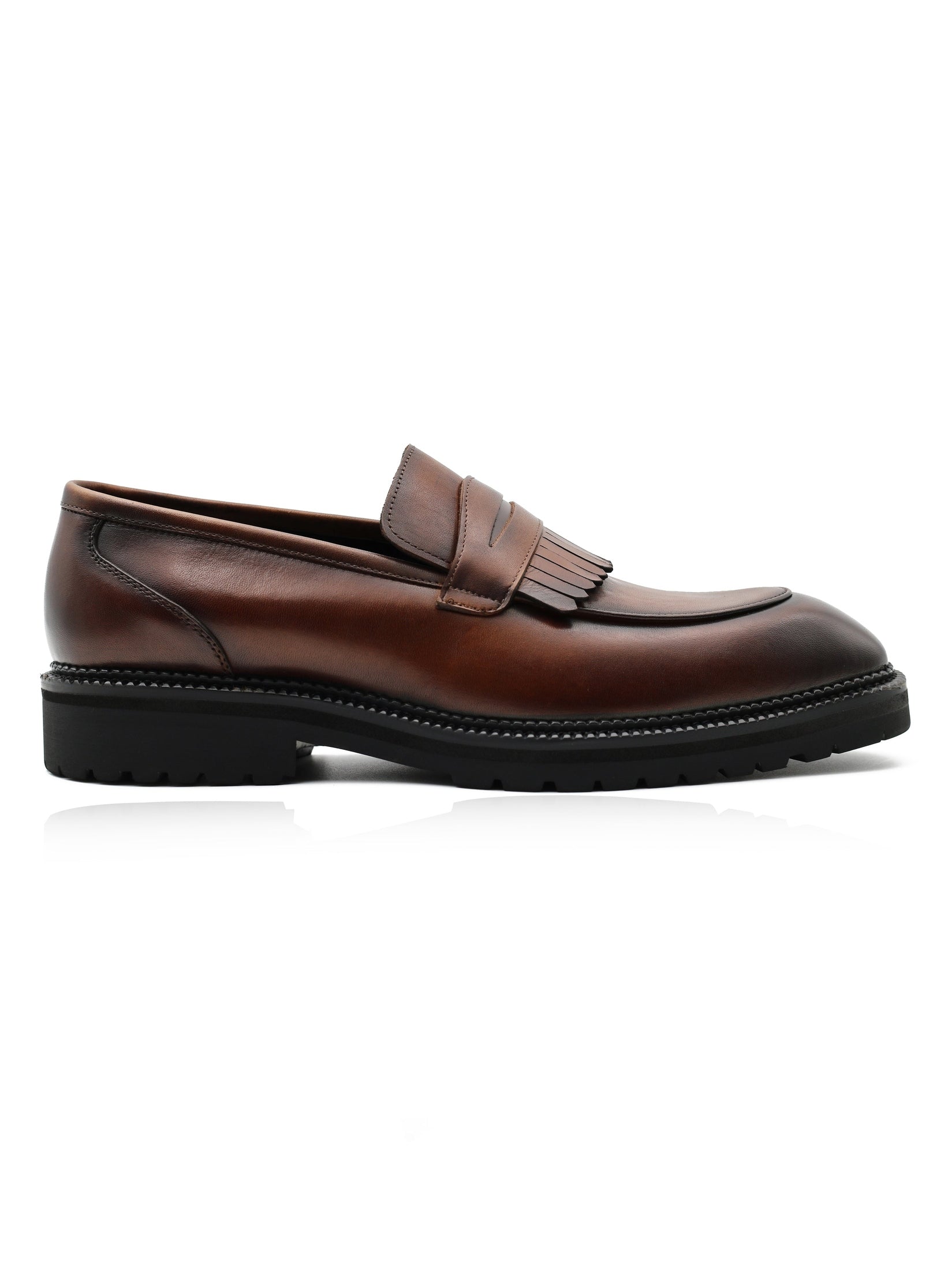 BROWN LEATHER PENNY LOAFERS WITH FRINGE