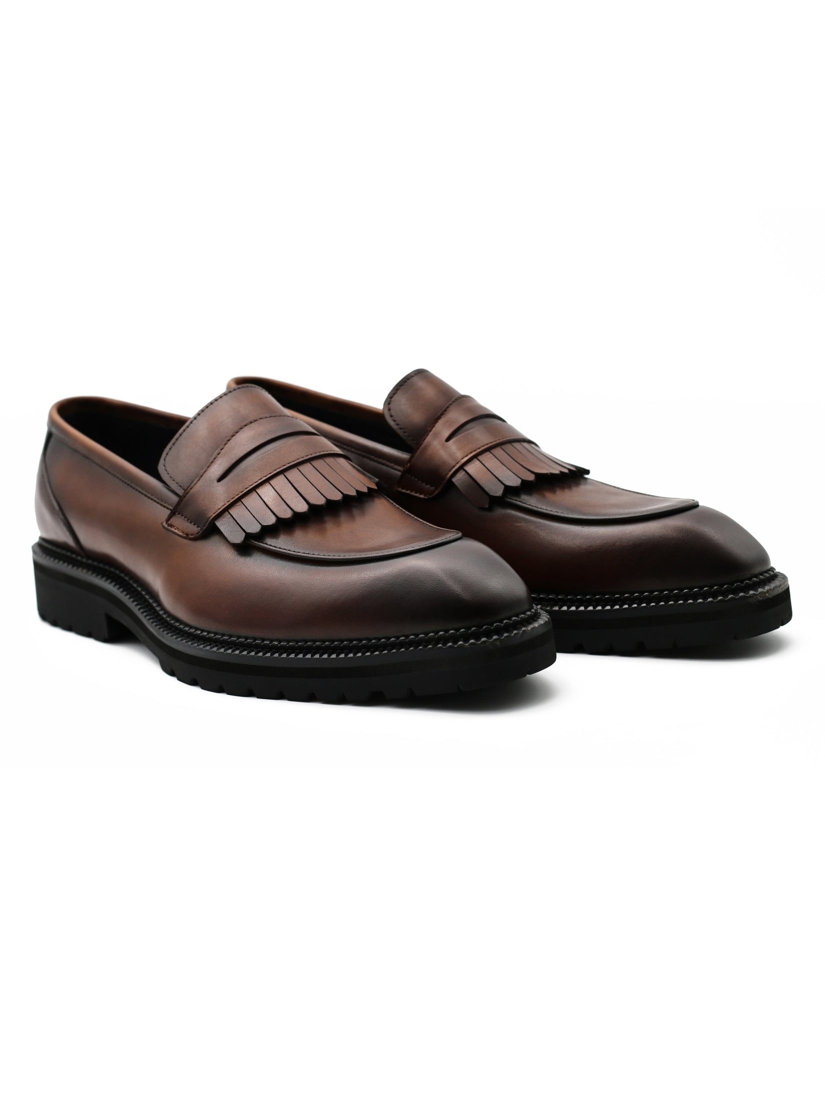 BROWN LEATHER PENNY LOAFERS WITH FRINGE