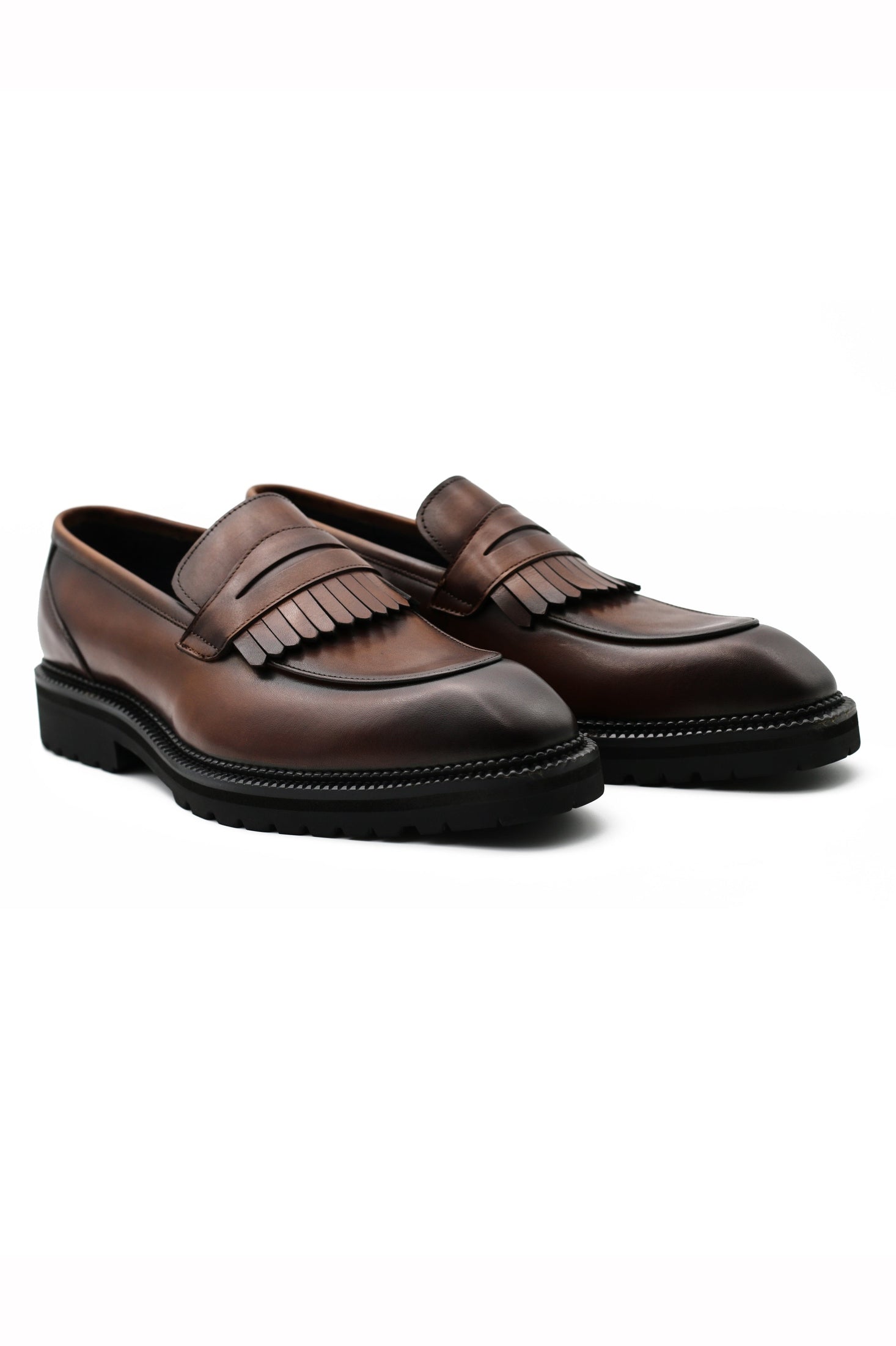 BROWN LEATHER PENNY LOAFERS WITH FRINGE Sartorial Shoes
