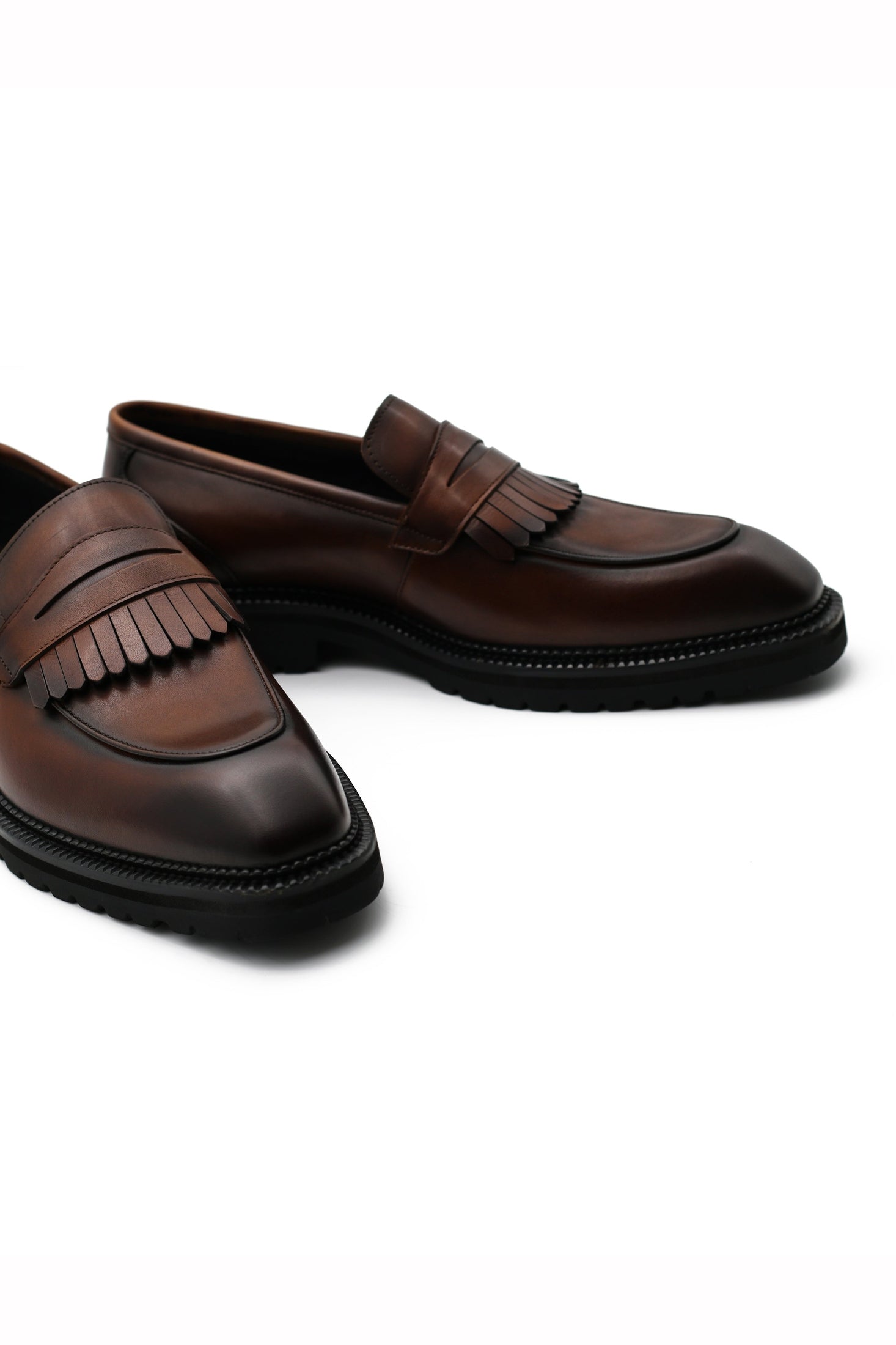 BROWN LEATHER PENNY LOAFERS WITH FRINGE Sartorial Shoes