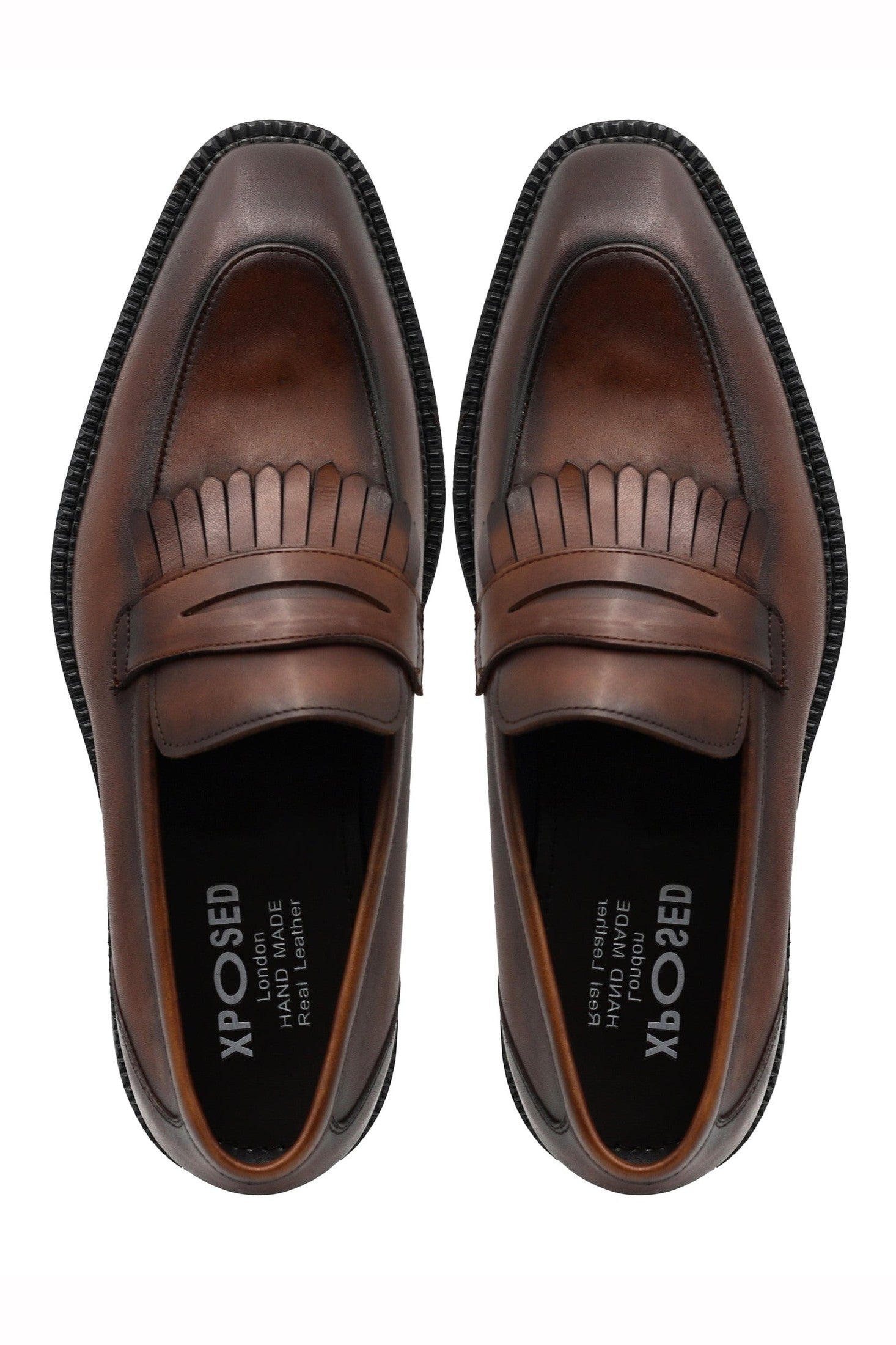BROWN LEATHER PENNY LOAFERS WITH FRINGE