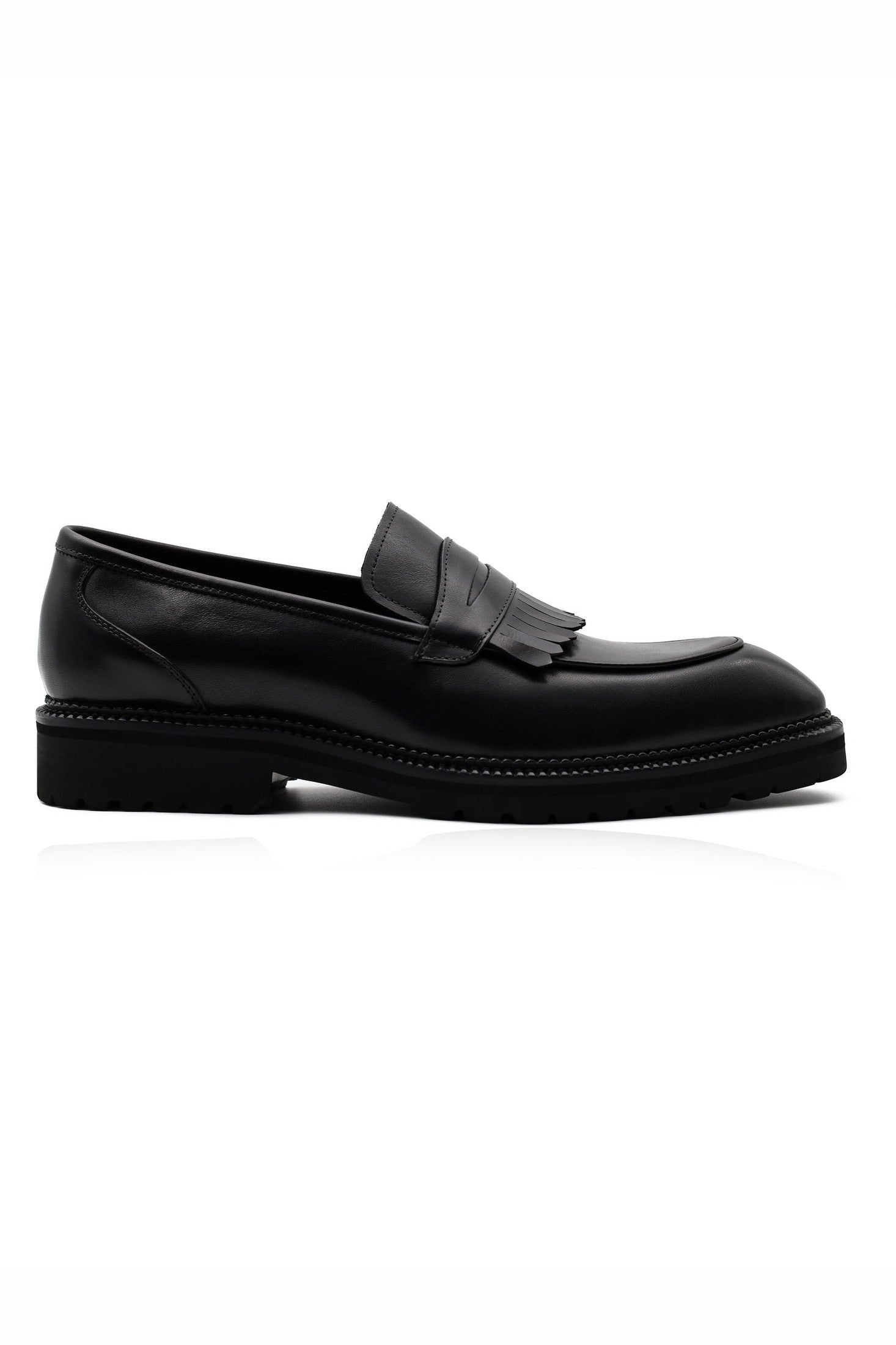 BLACK LEATHER PENNY LOAFERS WITH FRINGE
