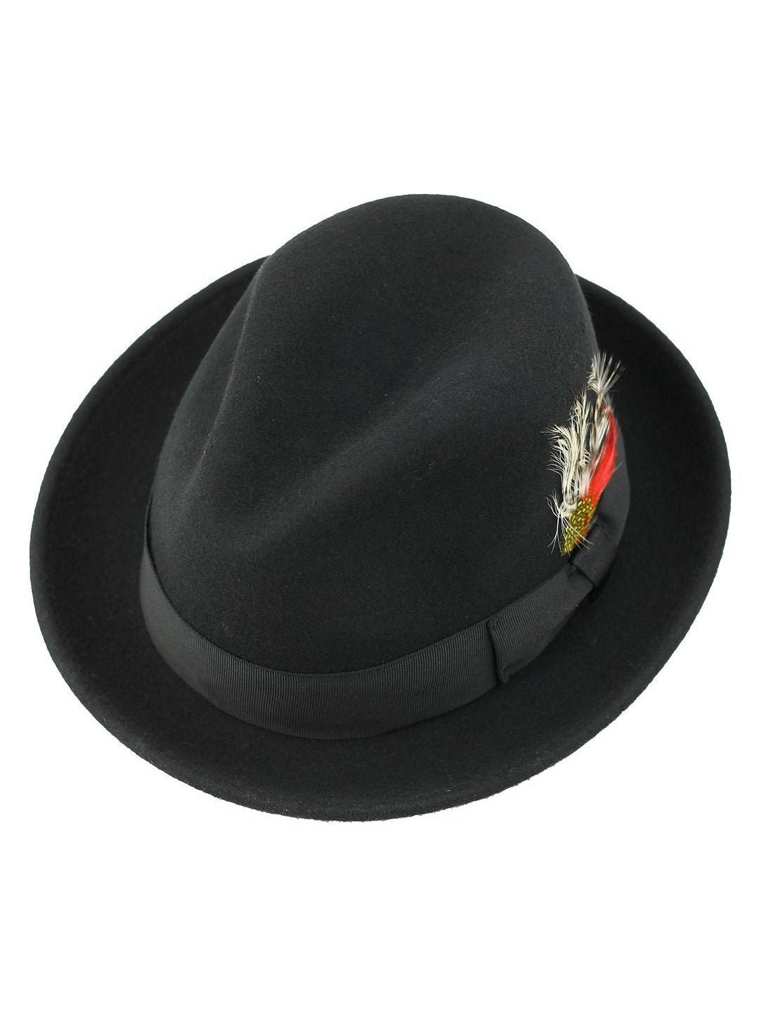 Feather Black Hat 100% Felt Wool Crushable Fedora Brim - CC308