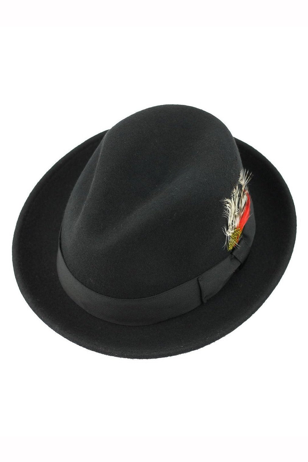 Feather Black Hat 100% Felt Wool Crushable Fedora Brim - CC308