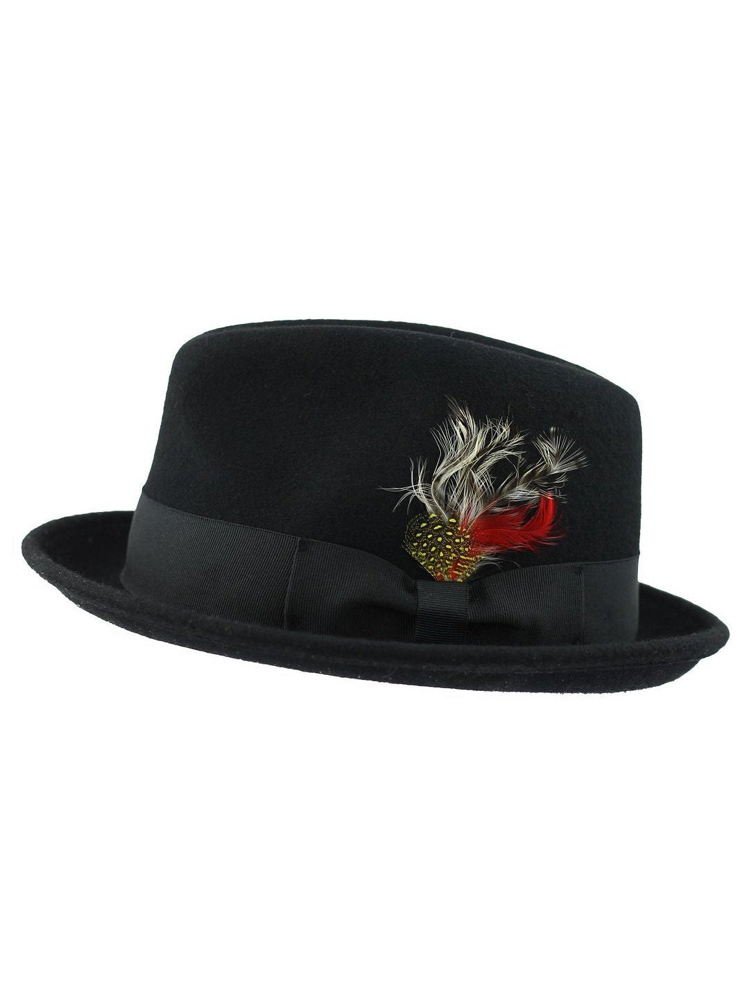 Feather Black Hat 100% Felt Wool Crushable Fedora Brim - CC308