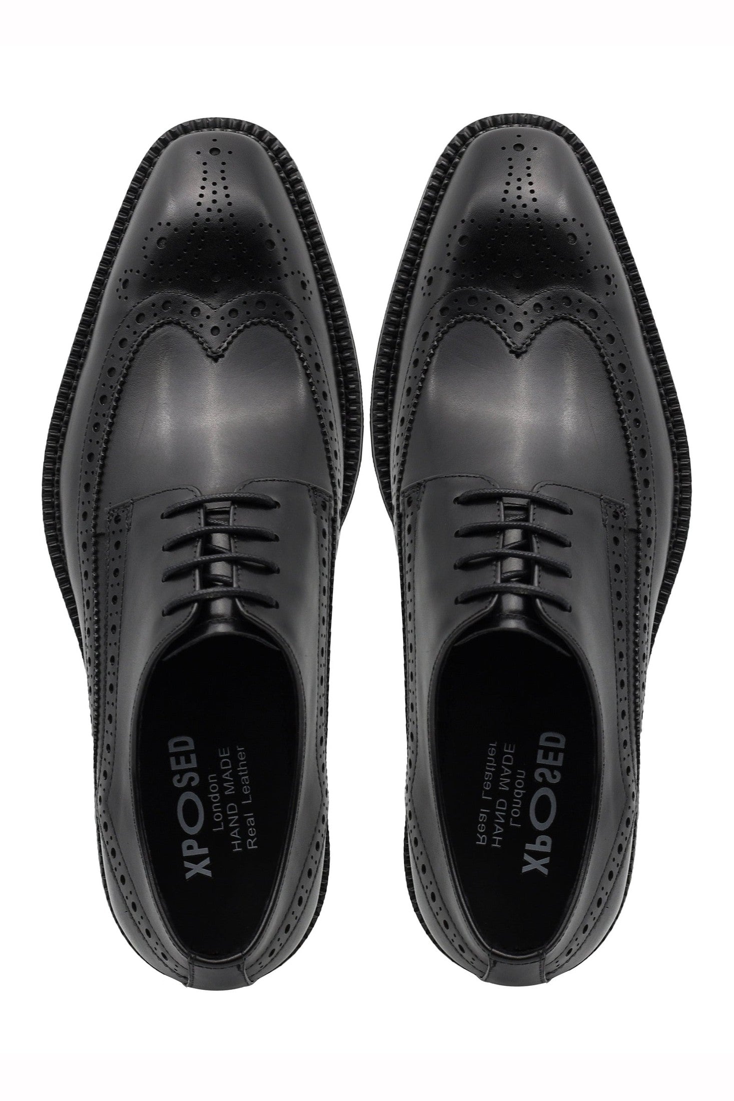 BLACK LEATHER DERBY LACE-UP SEMI BROGUE SHOES