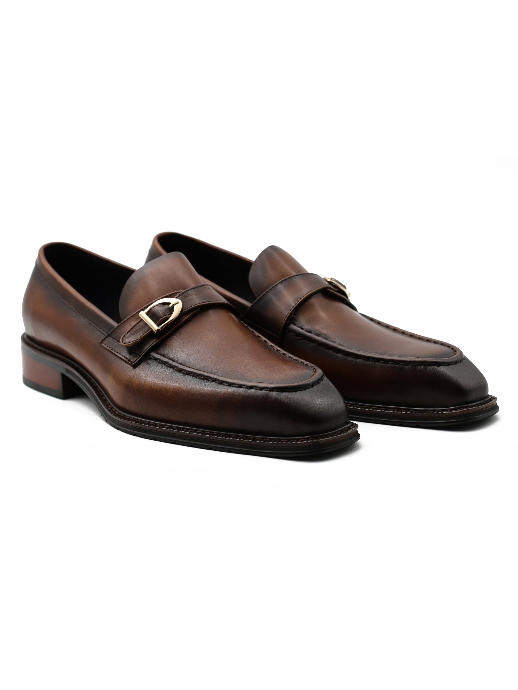 POLISHED BROWN LEATHER SINGLE MONK SHOES