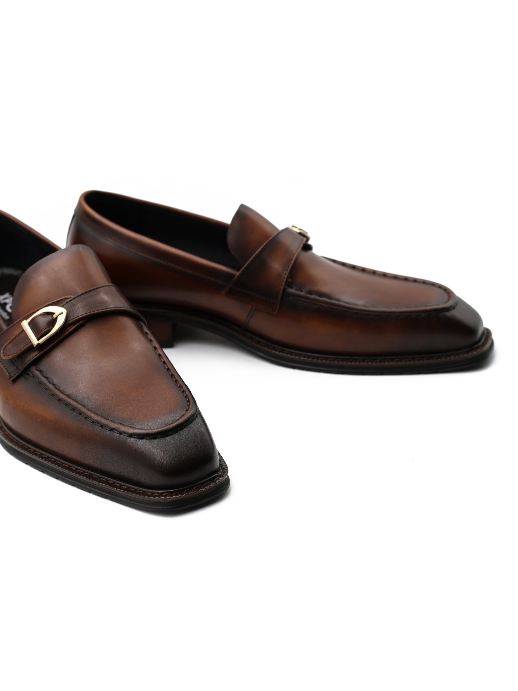POLISHED BROWN LEATHER SINGLE MONK SHOES