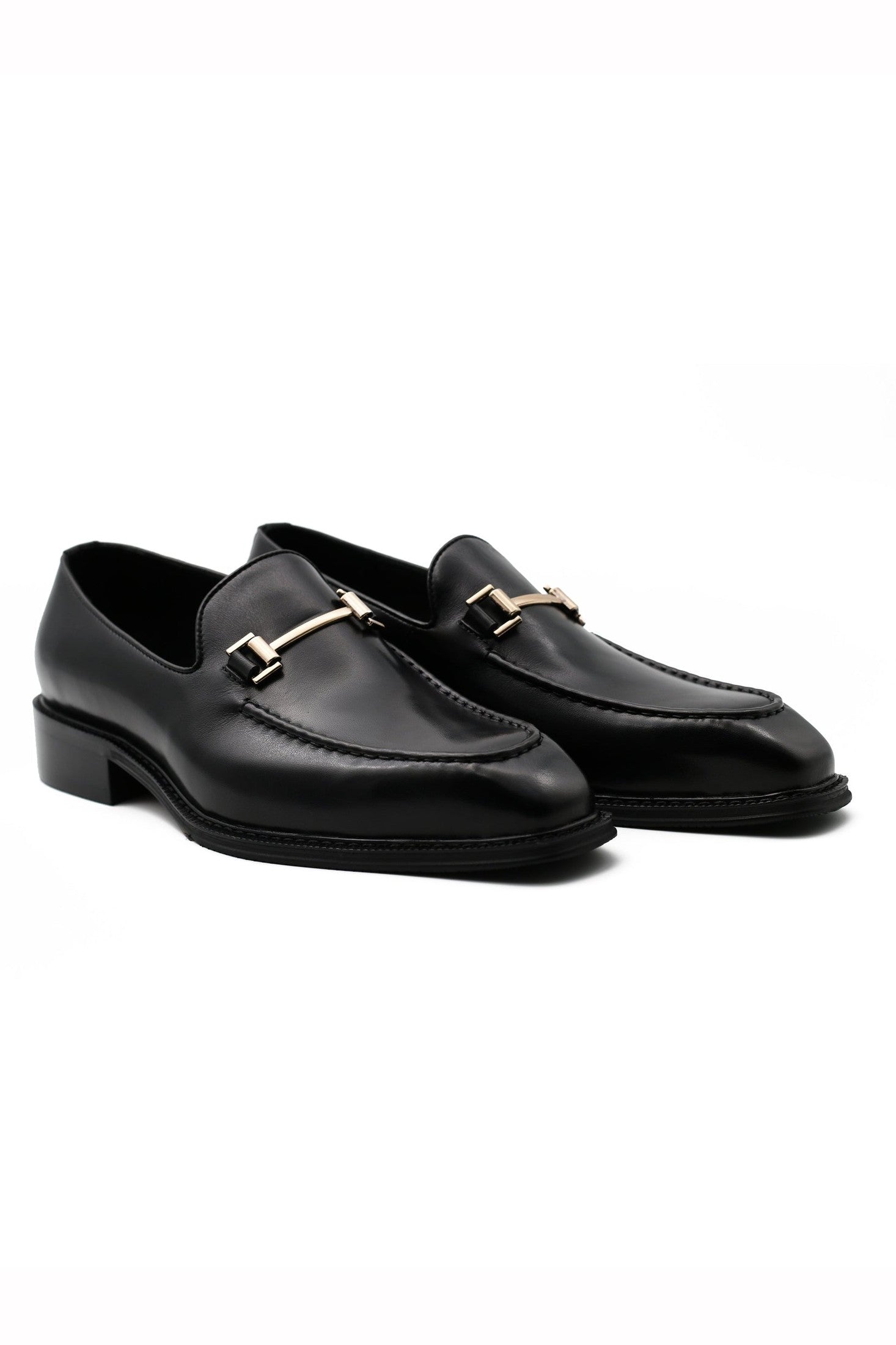 BLACK POLISHED LEATHER SNAFFLE BIT DRESS LOAFERS