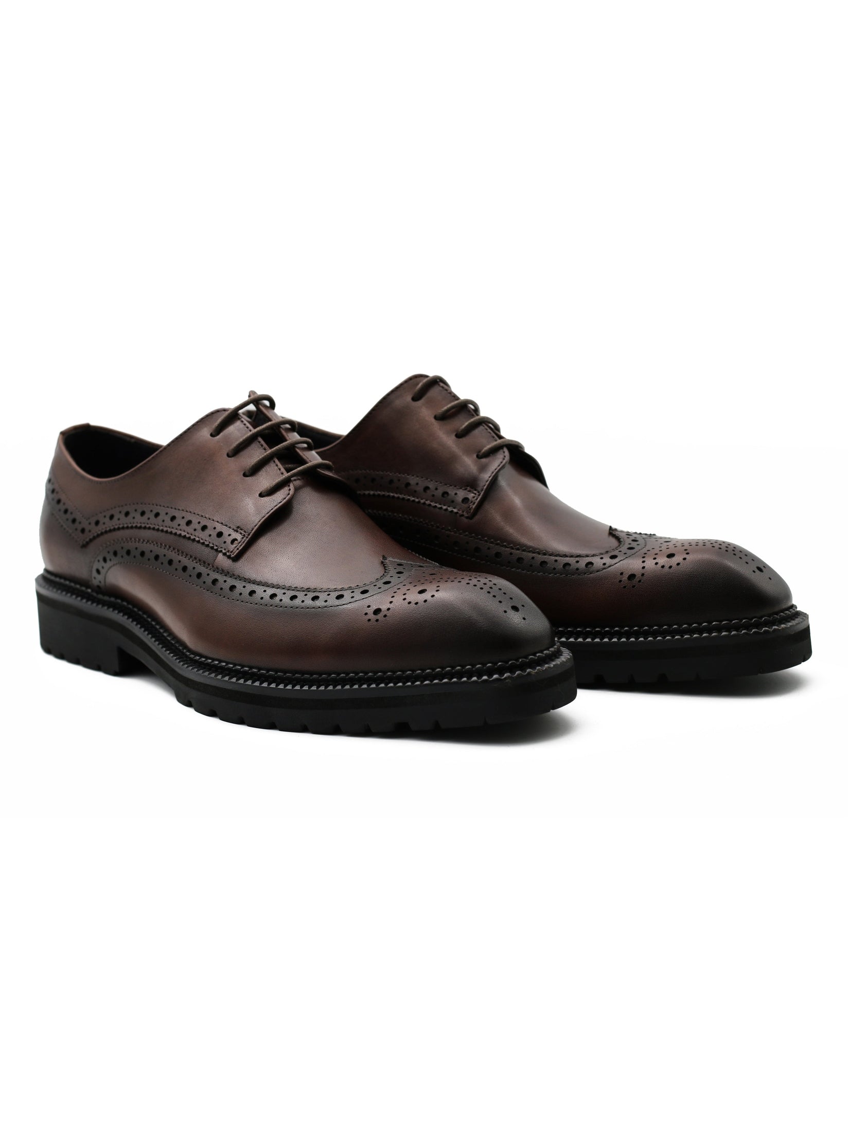 BROWN LEATHER DERBY LACE-UP SEMI BROGUE SHOES
